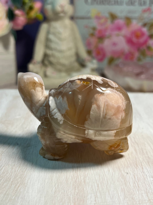 Adorable Flower Agate Turtle Carving