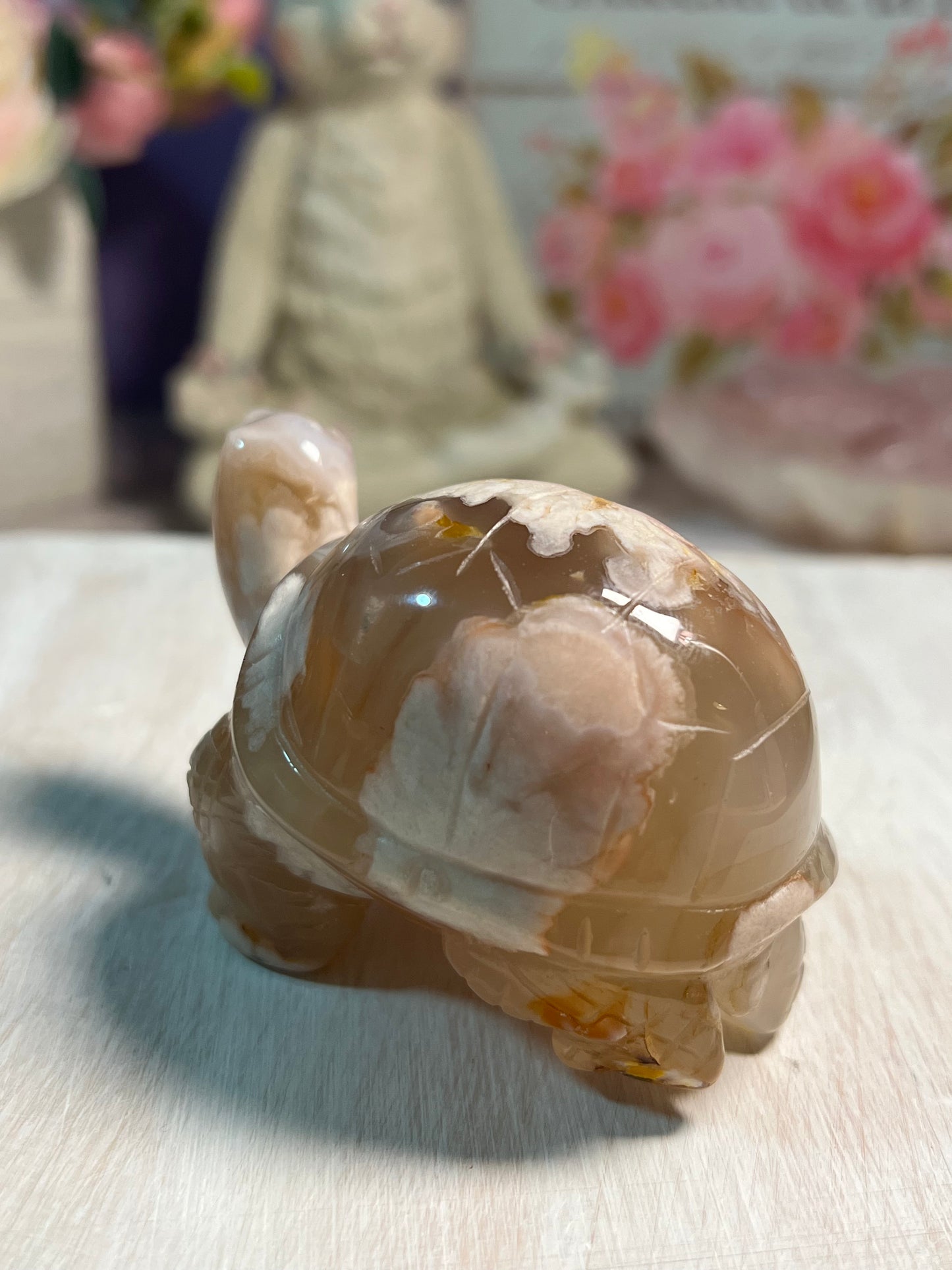 Adorable Flower Agate Turtle Carving