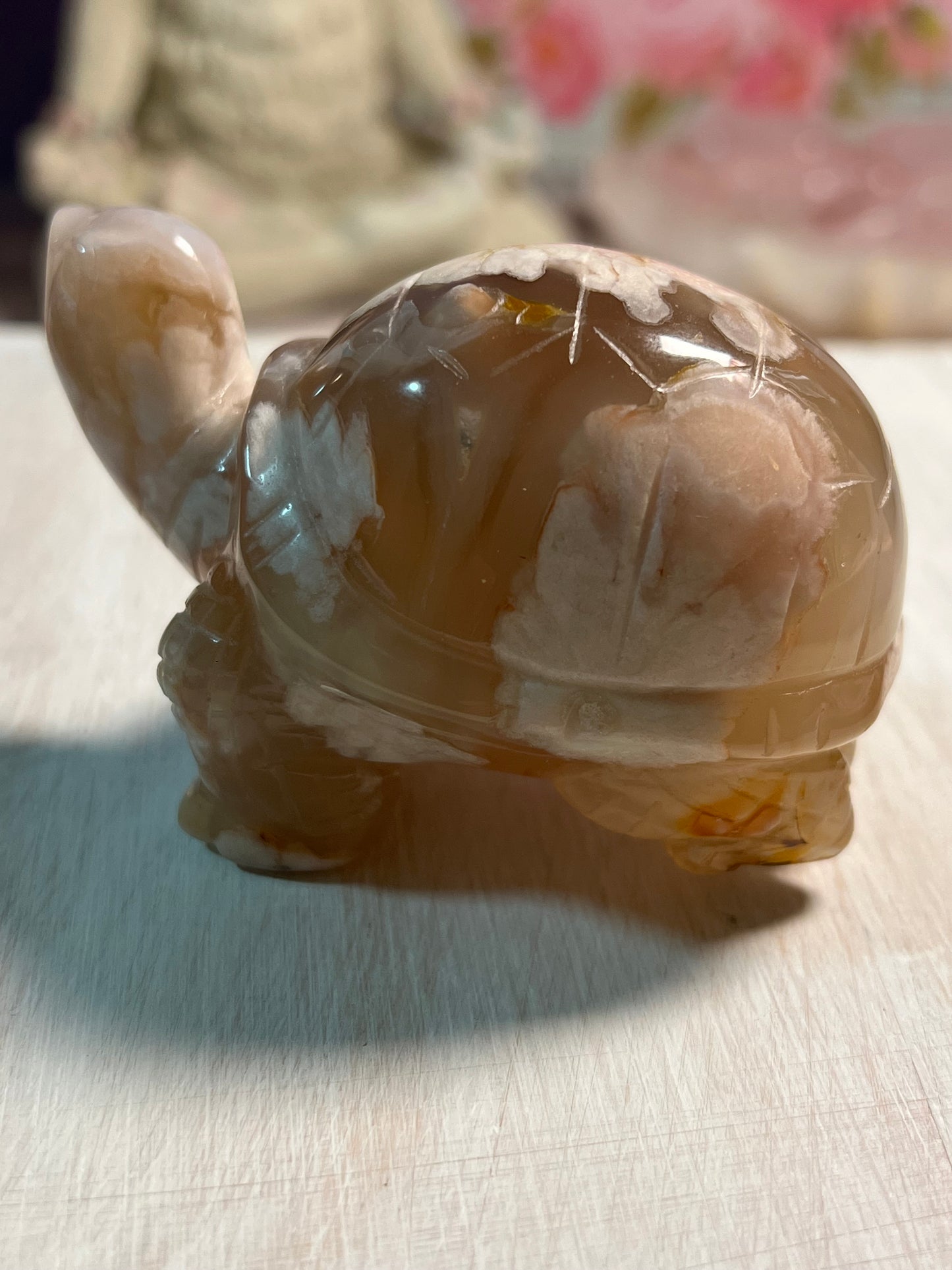 Adorable Flower Agate Turtle Carving