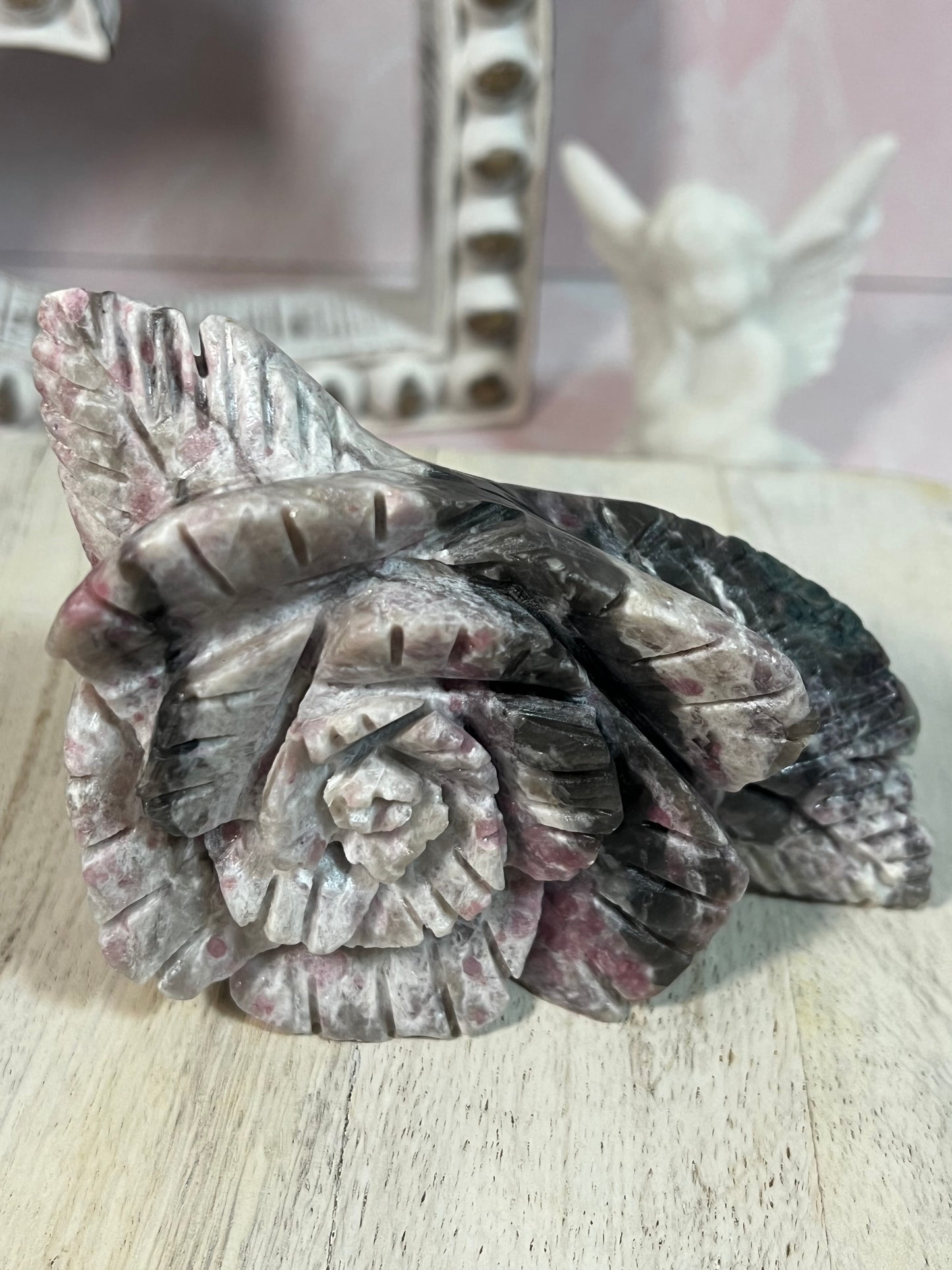 Beautiful Pink Tourmaline with Smoky Quartz Rose Carving