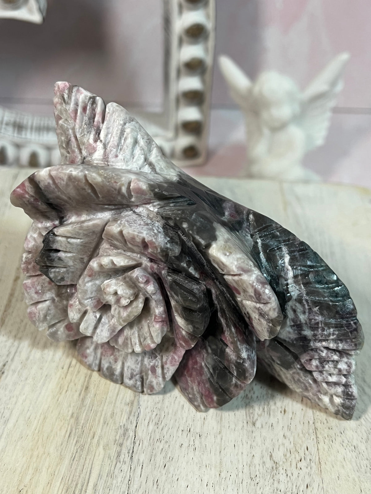 Beautiful Pink Tourmaline with Smoky Quartz Rose Carving