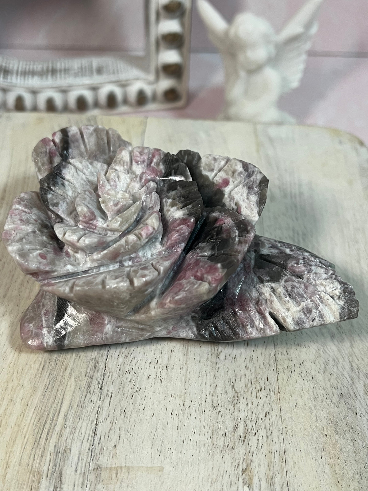 Beautiful Pink Tourmaline with Smoky Quartz Rose Carving
