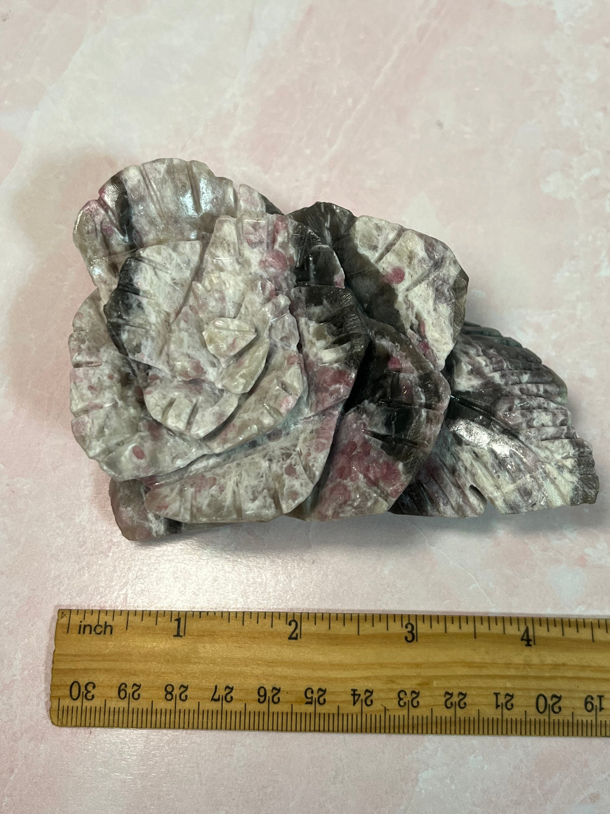 Beautiful Pink Tourmaline with Smoky Quartz Rose Carving