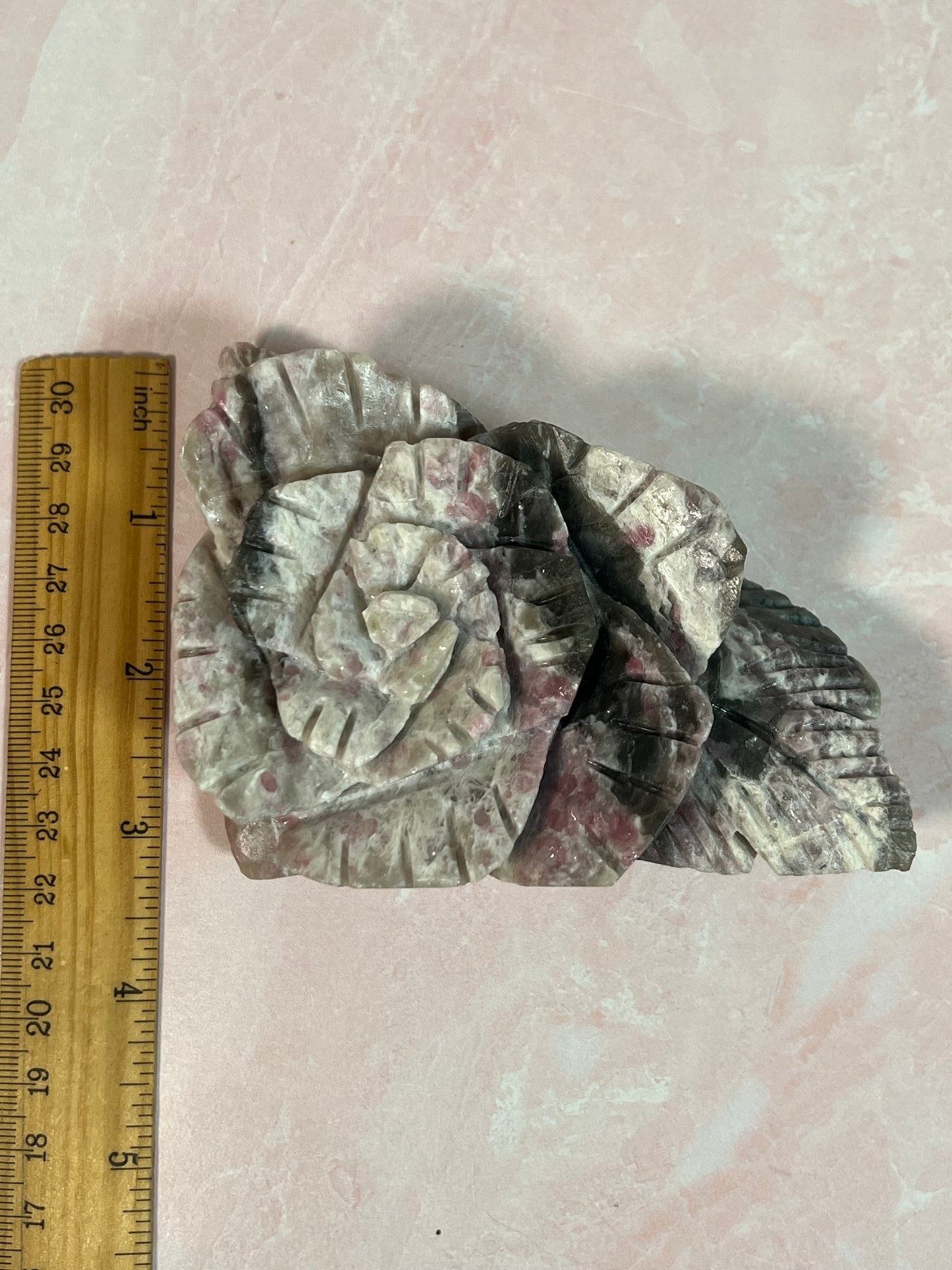 Beautiful Pink Tourmaline with Smoky Quartz Rose Carving