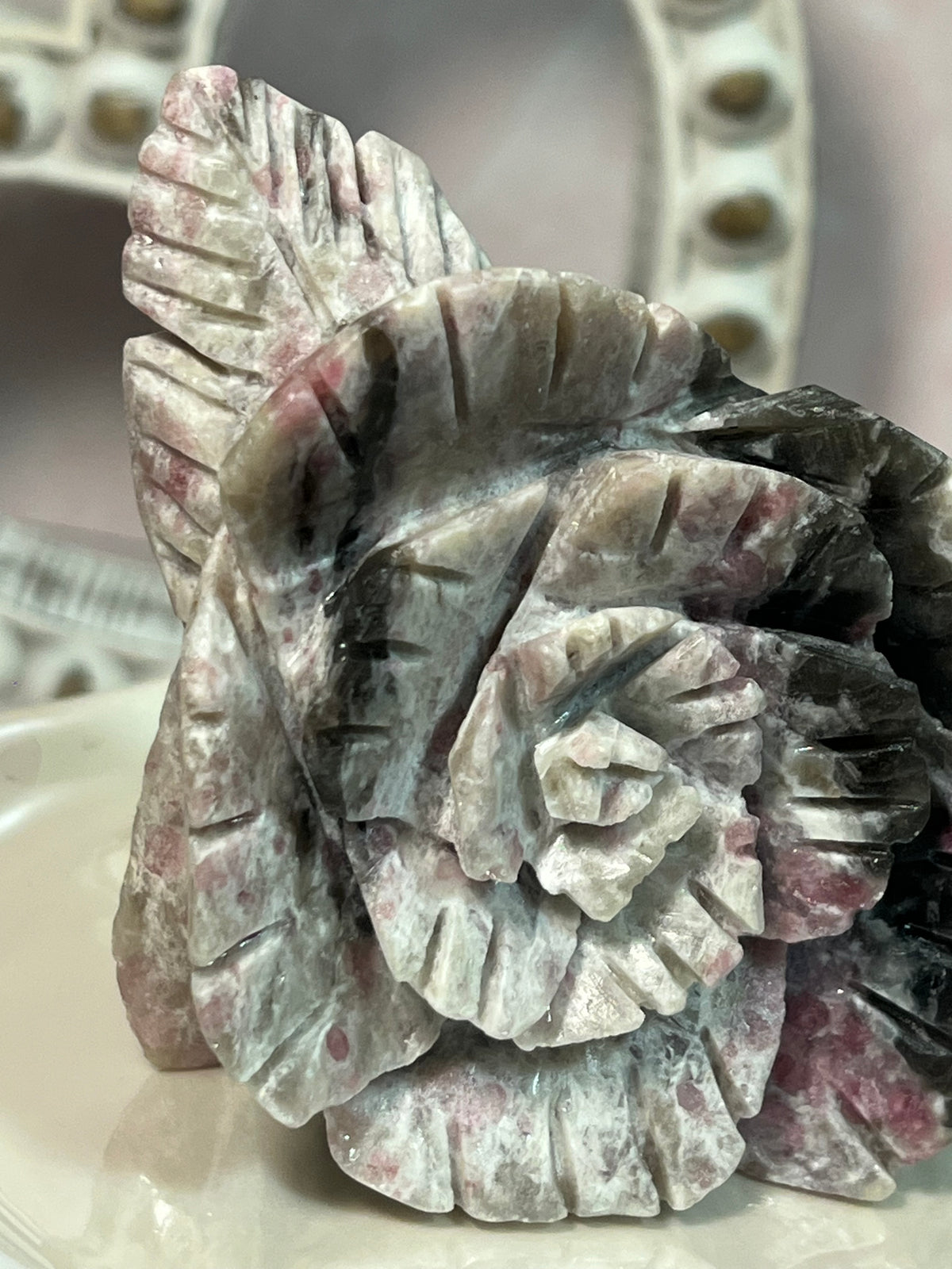 Beautiful Pink Tourmaline with Smoky Quartz Rose Carving