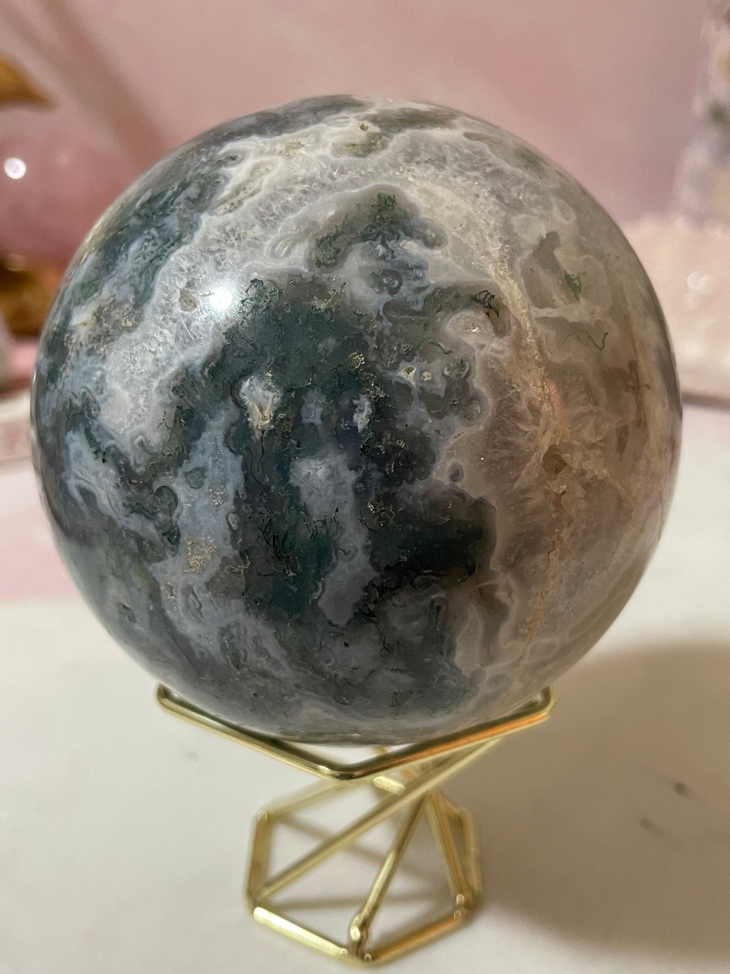Stunning Moss Agate sphere with druzy