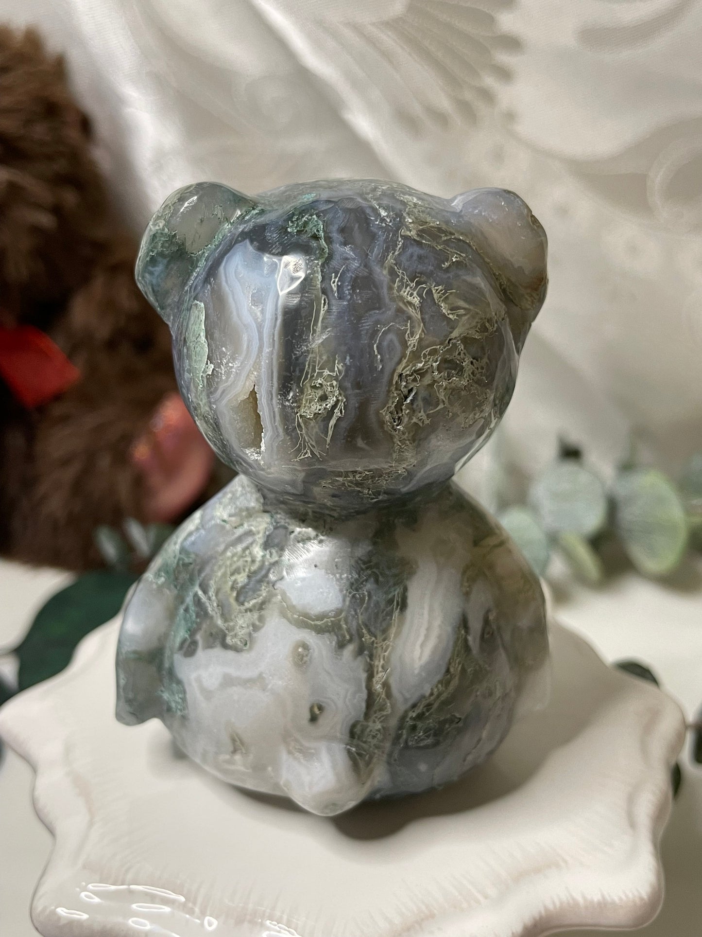 Moss Agate teddy bear carving