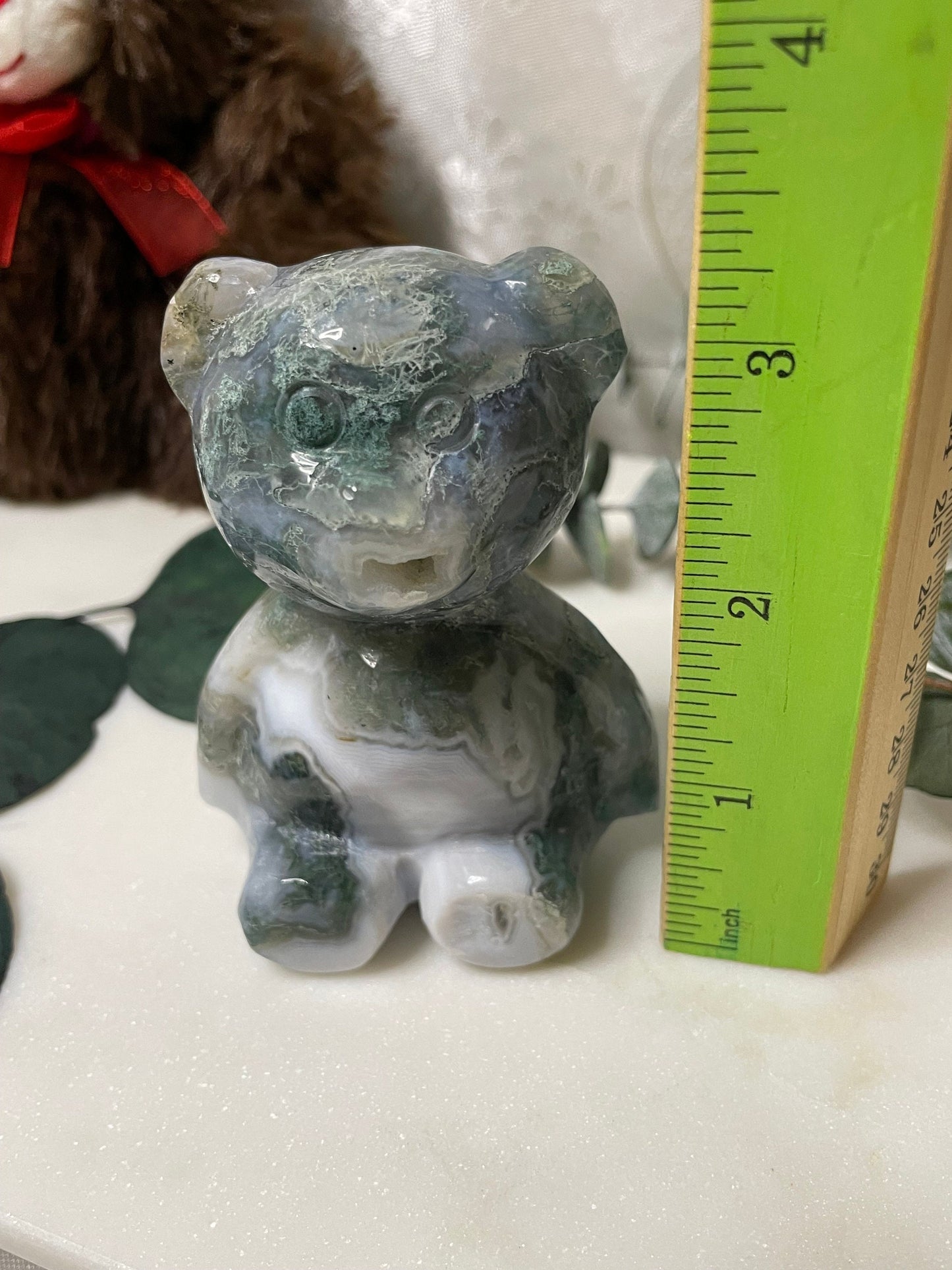 Moss Agate teddy bear carving