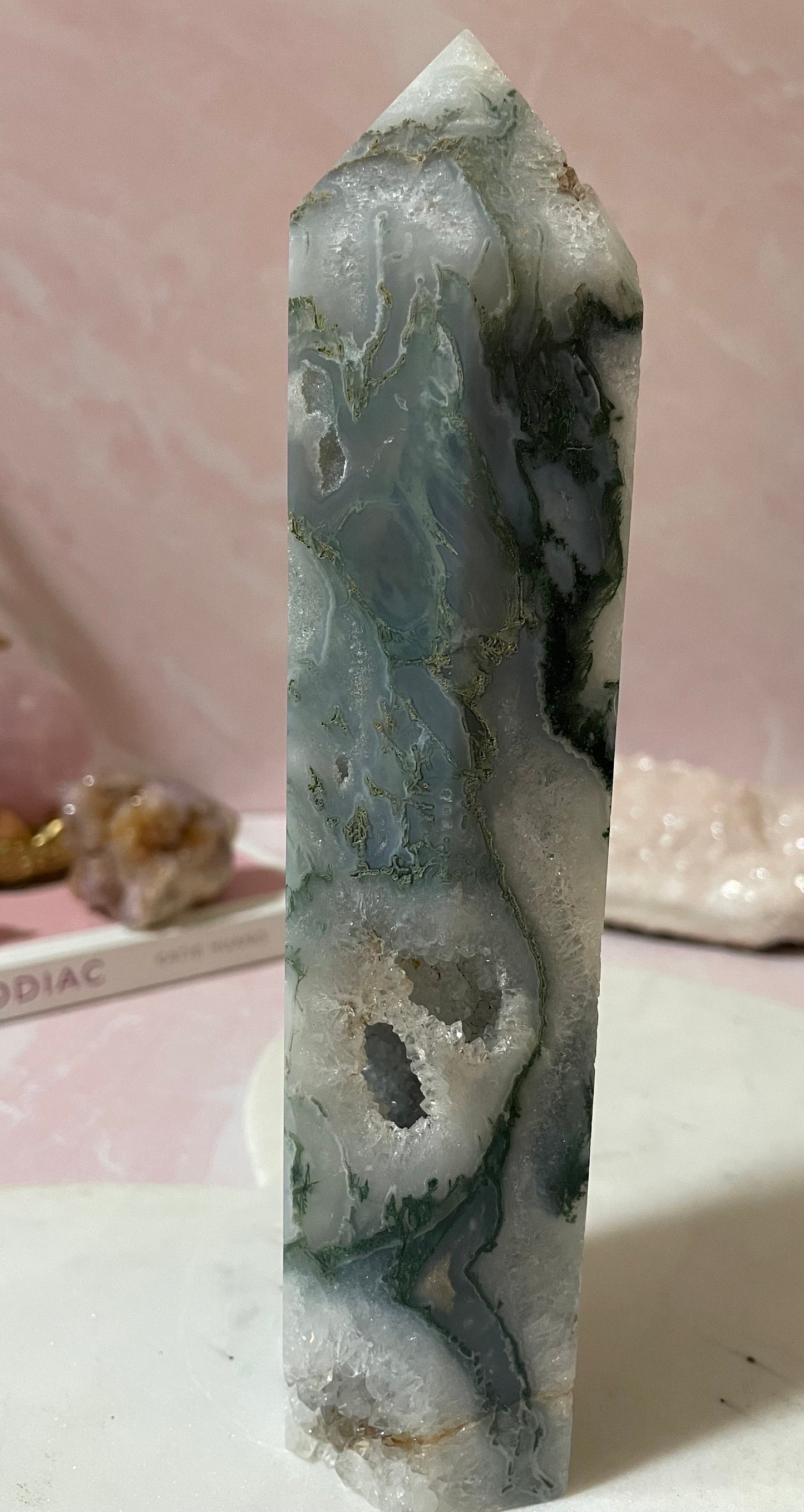 Stunning Moss Agate tower with gorgeous mossy inclusions and druzy.