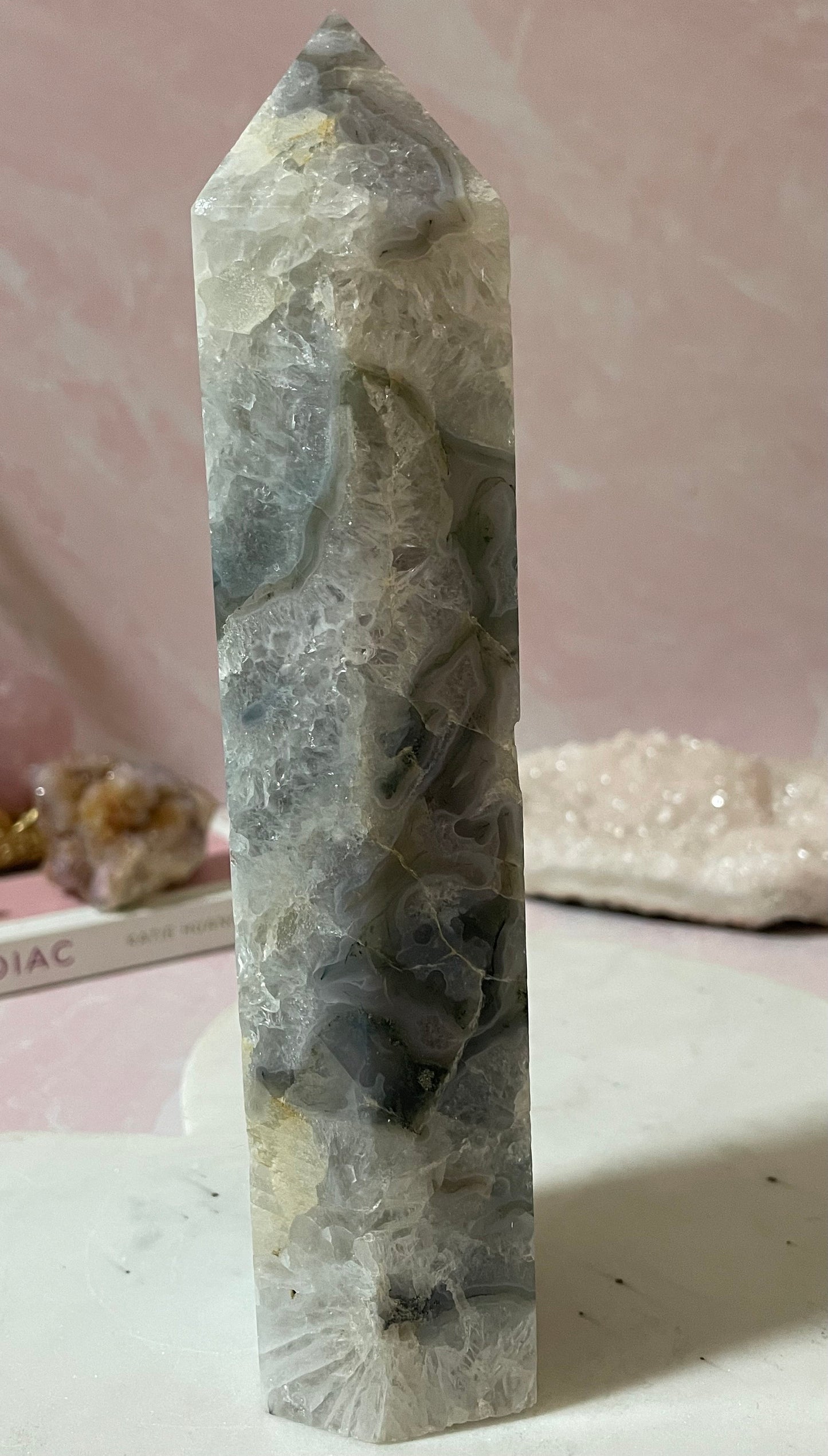 Stunning Moss Agate tower with gorgeous mossy inclusions.