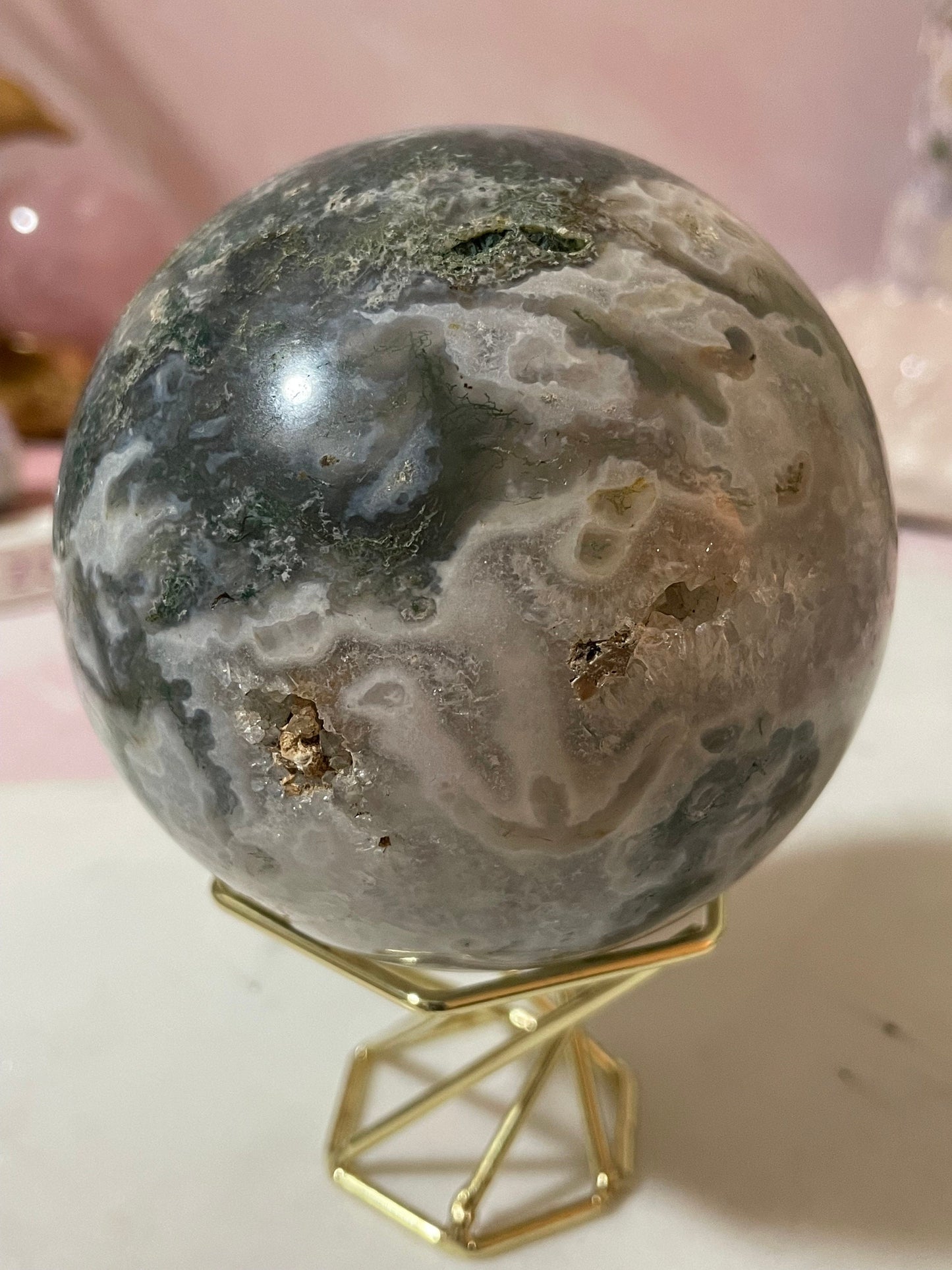 Stunning Moss Agate sphere with druzy