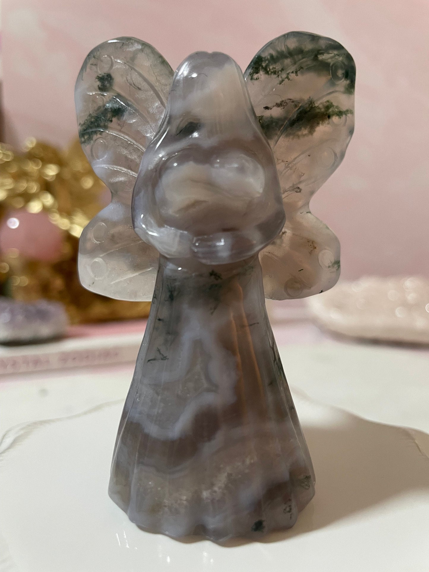 Stunning moss agate fairy carving