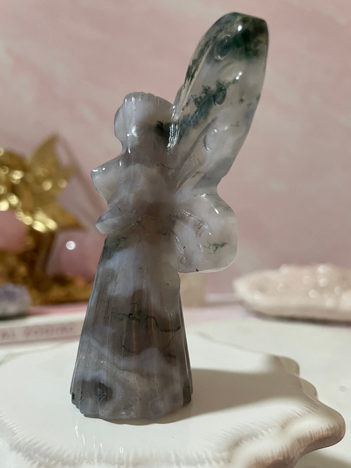 Stunning moss agate fairy carving