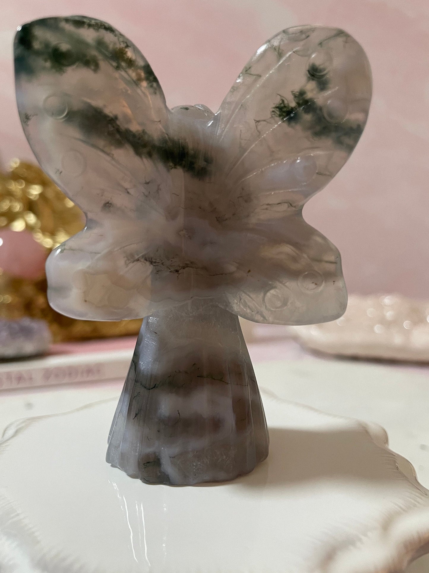 Stunning moss agate fairy carving