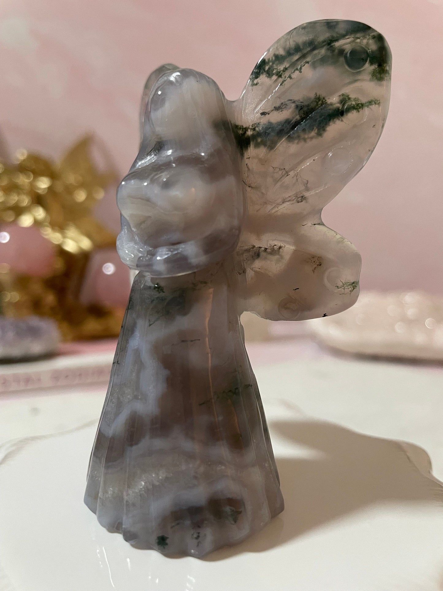 Stunning moss agate fairy carving