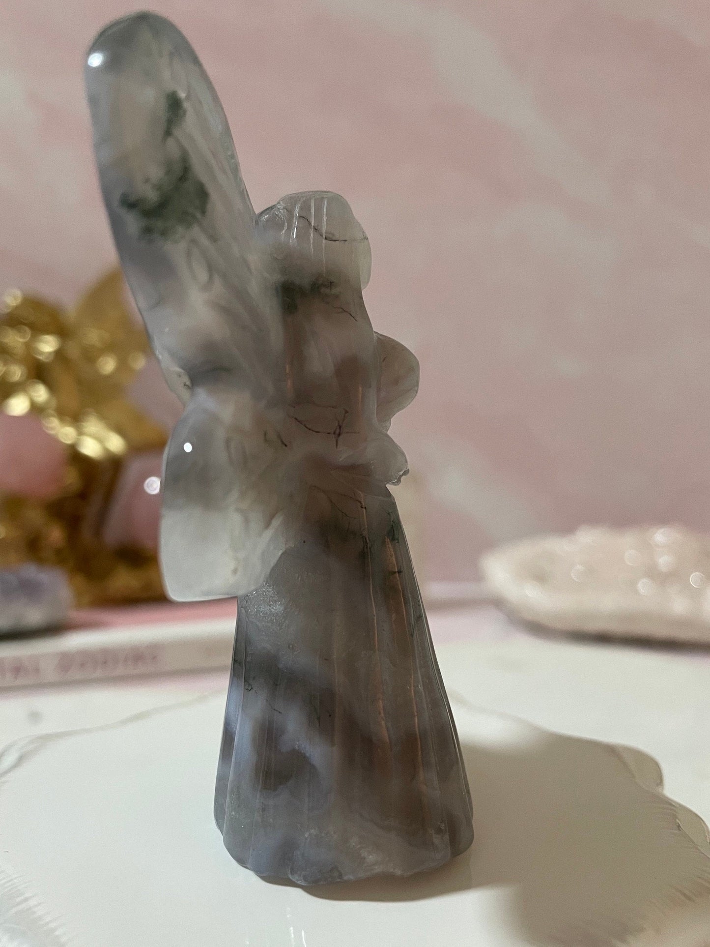 Stunning moss agate fairy carving