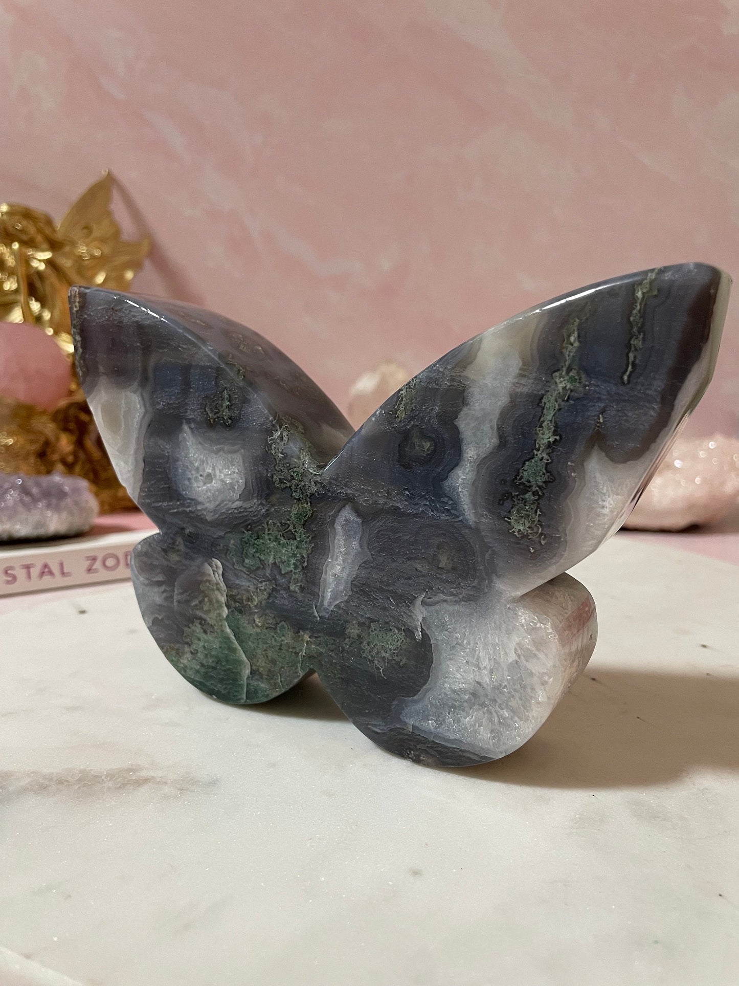 Stunning Large Moss Agate butterfly carving