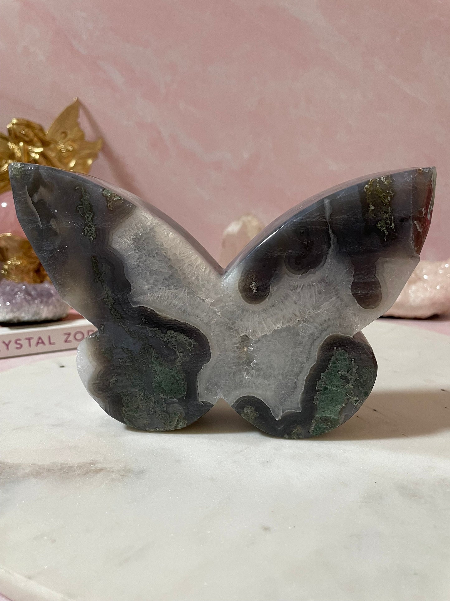 Stunning Large Moss Agate butterfly carving