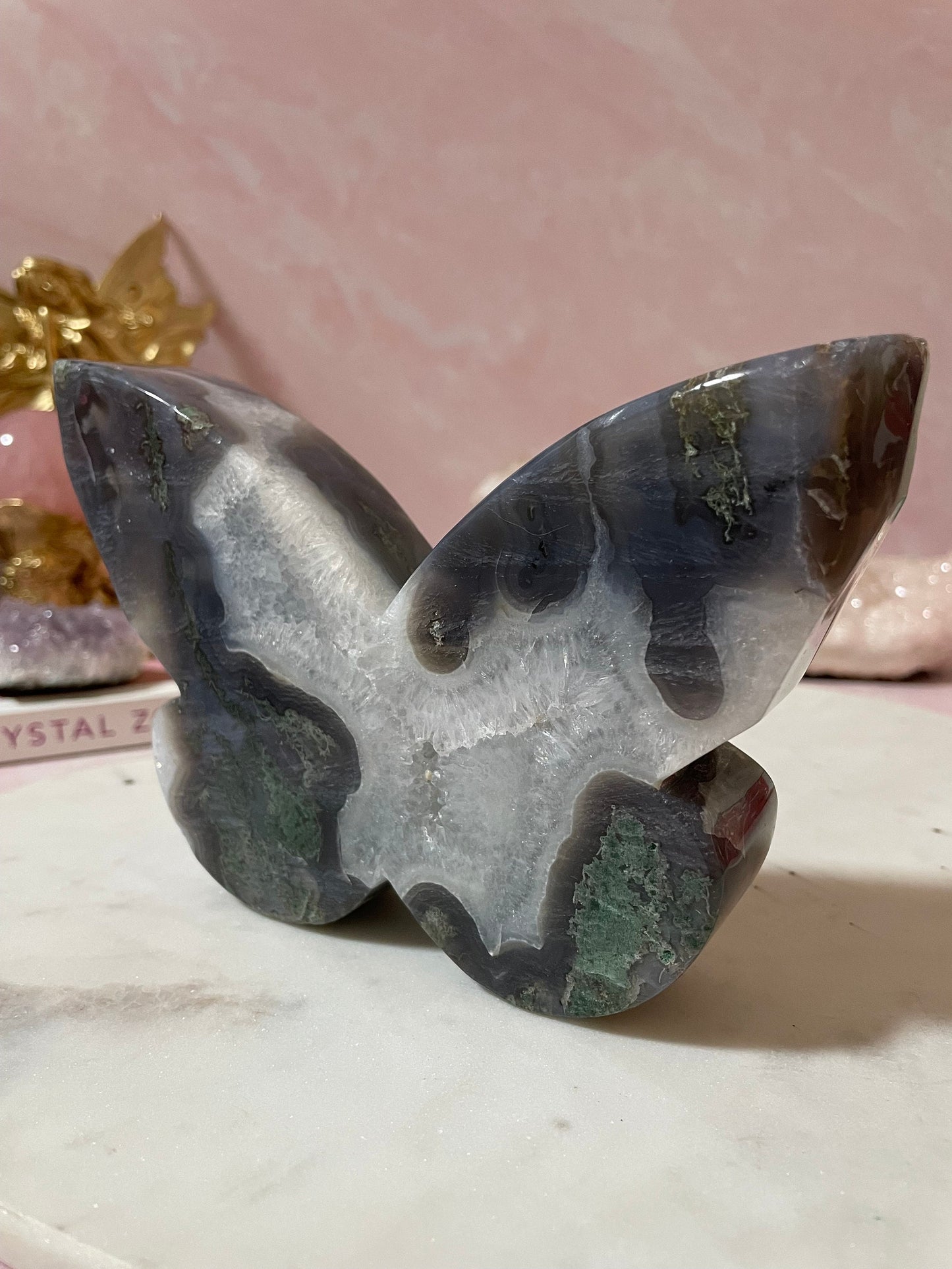 Stunning Large Moss Agate butterfly carving