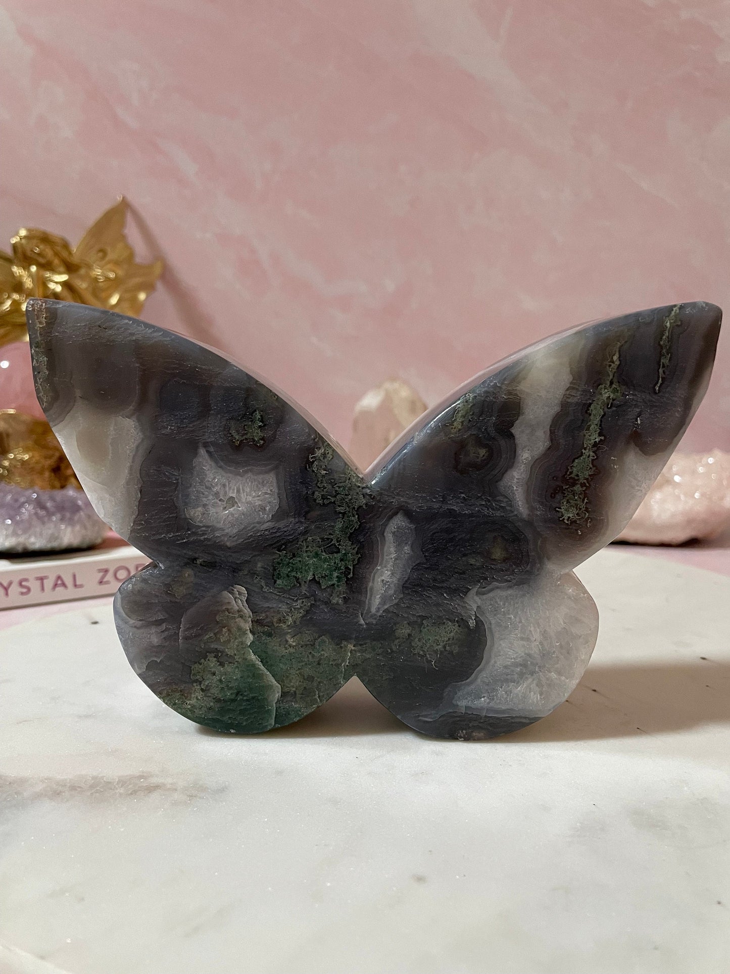 Stunning Large Moss Agate butterfly carving