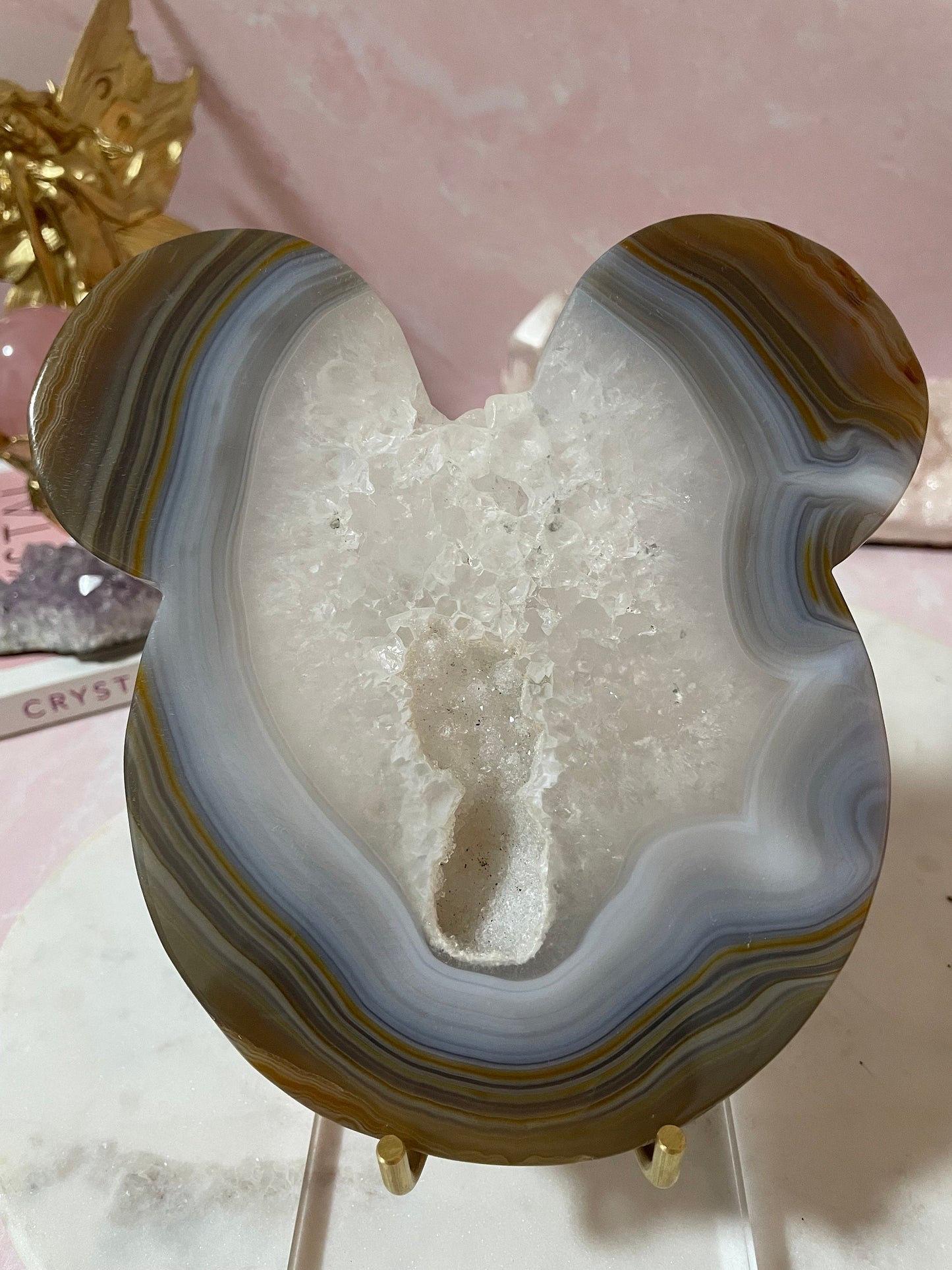 Gorgeous large druzy agate mouse head carving