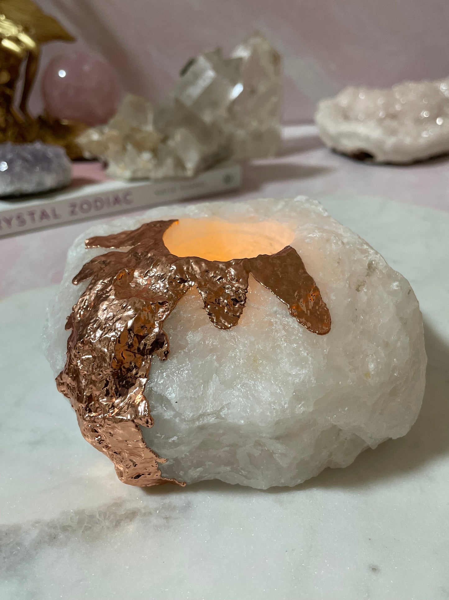 Beautiful Copper Plated White Quartz Candle Holder