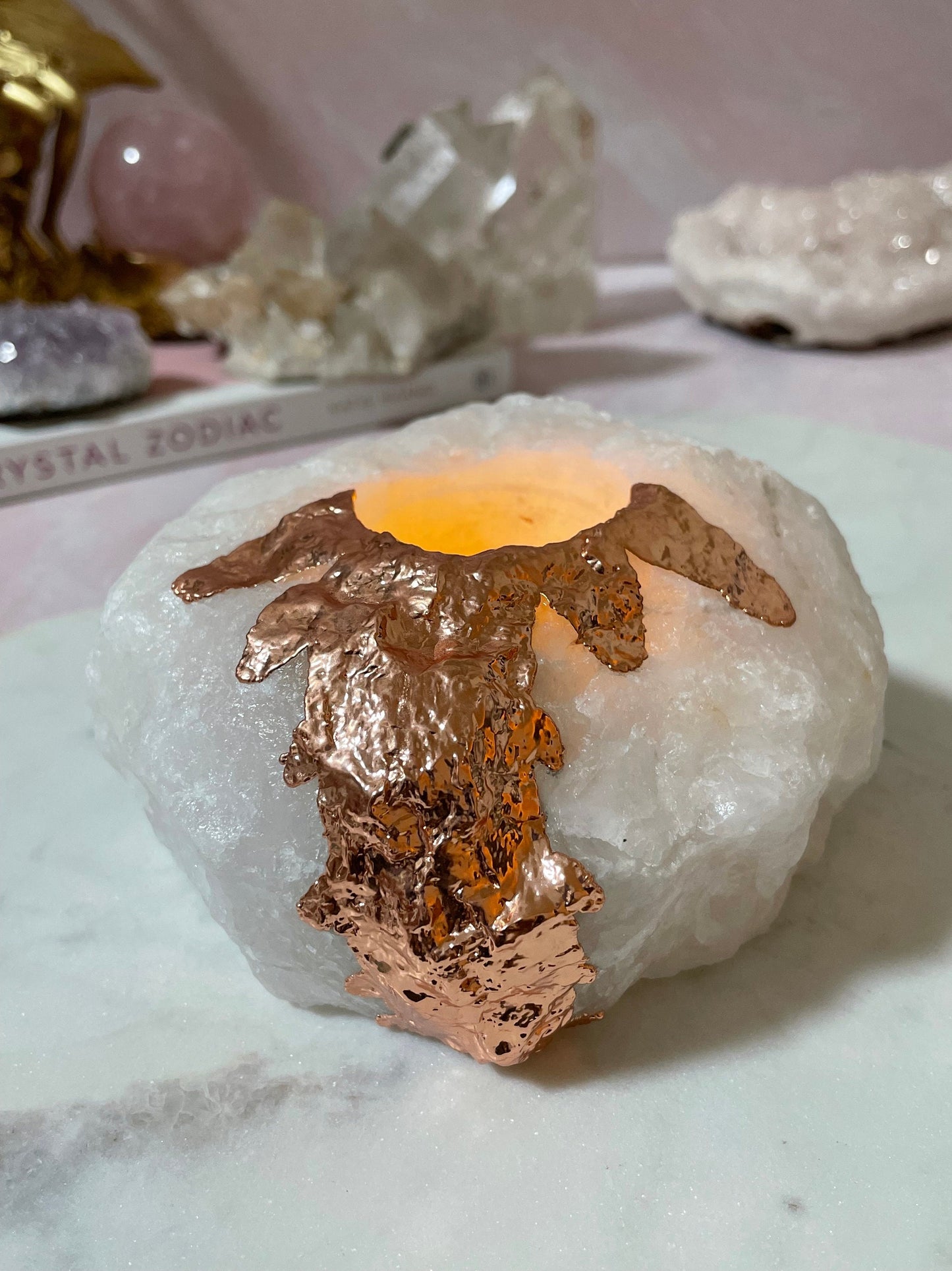 Beautiful Copper Plated White Quartz Candle Holder