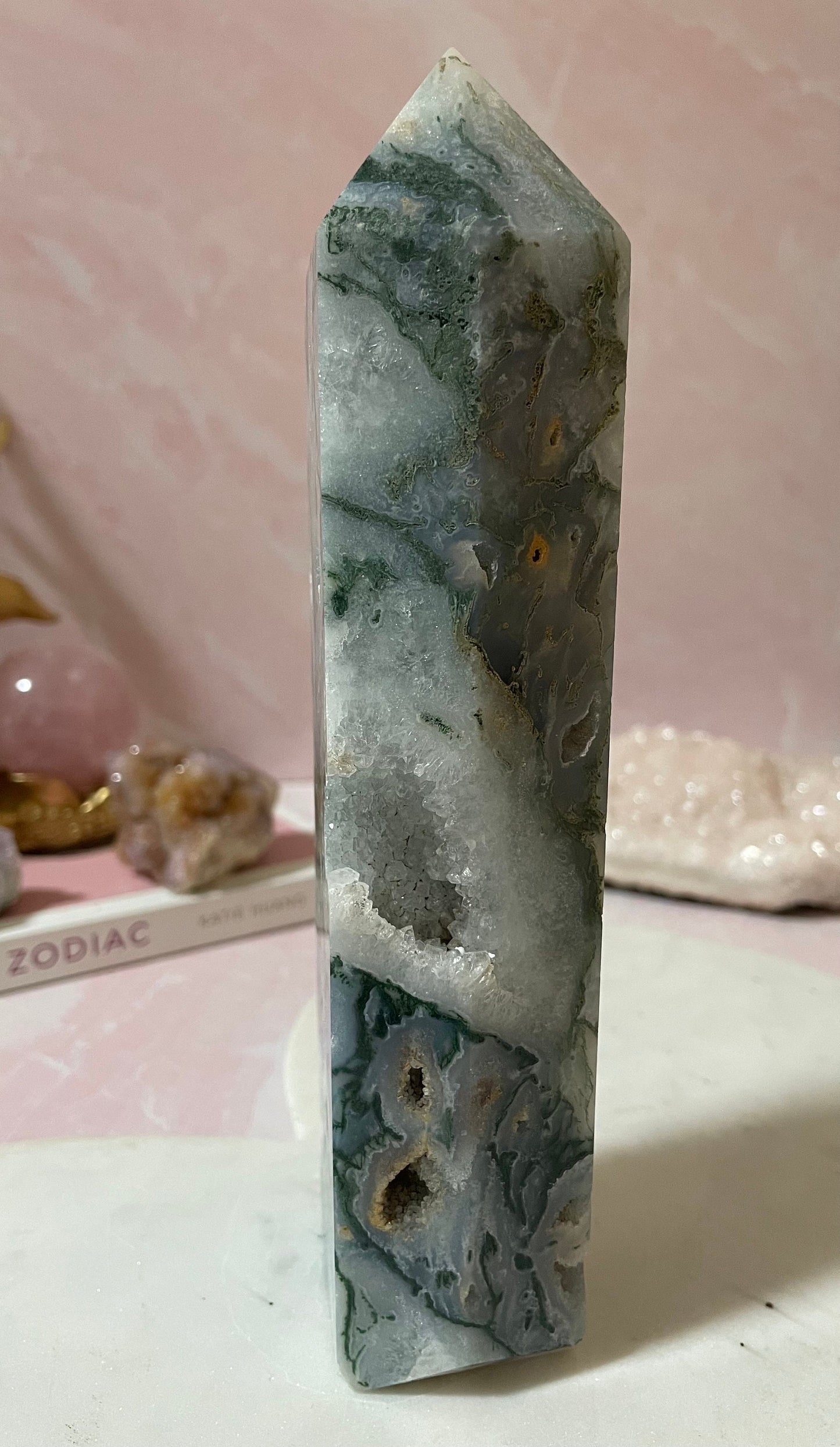 Stunning Moss Agate tower with gorgeous mossy inclusions and druzy.