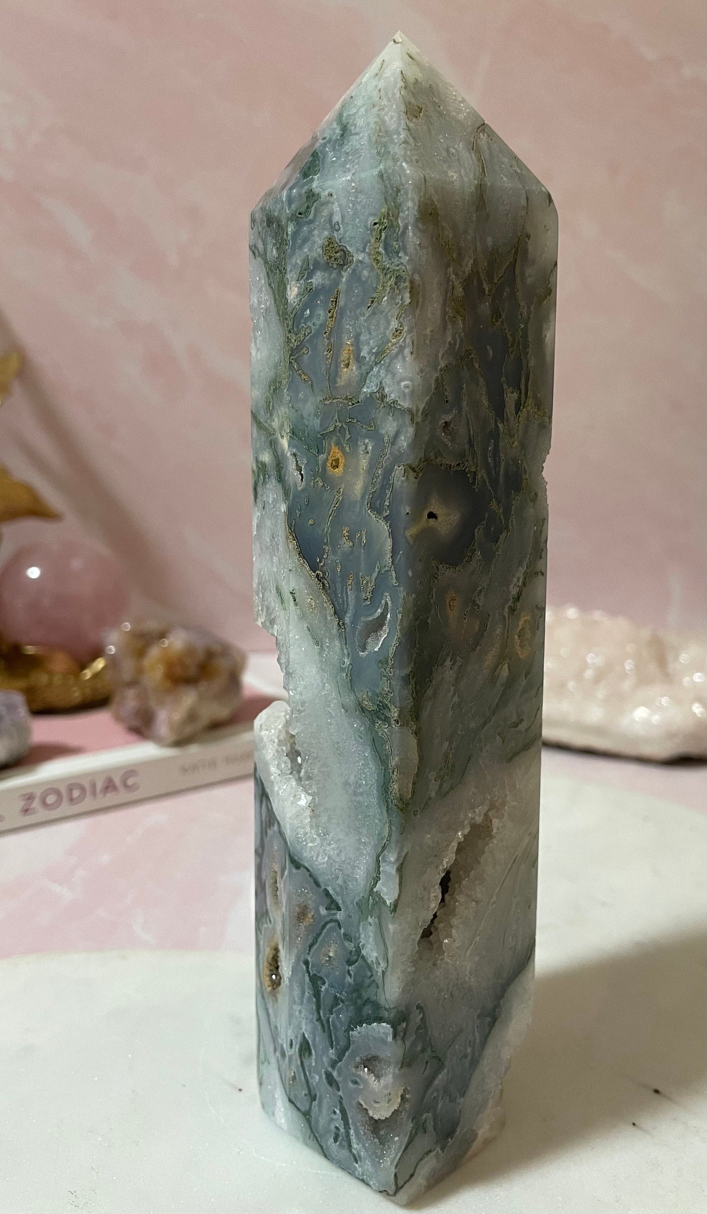 Stunning Moss Agate tower with gorgeous mossy inclusions and druzy.