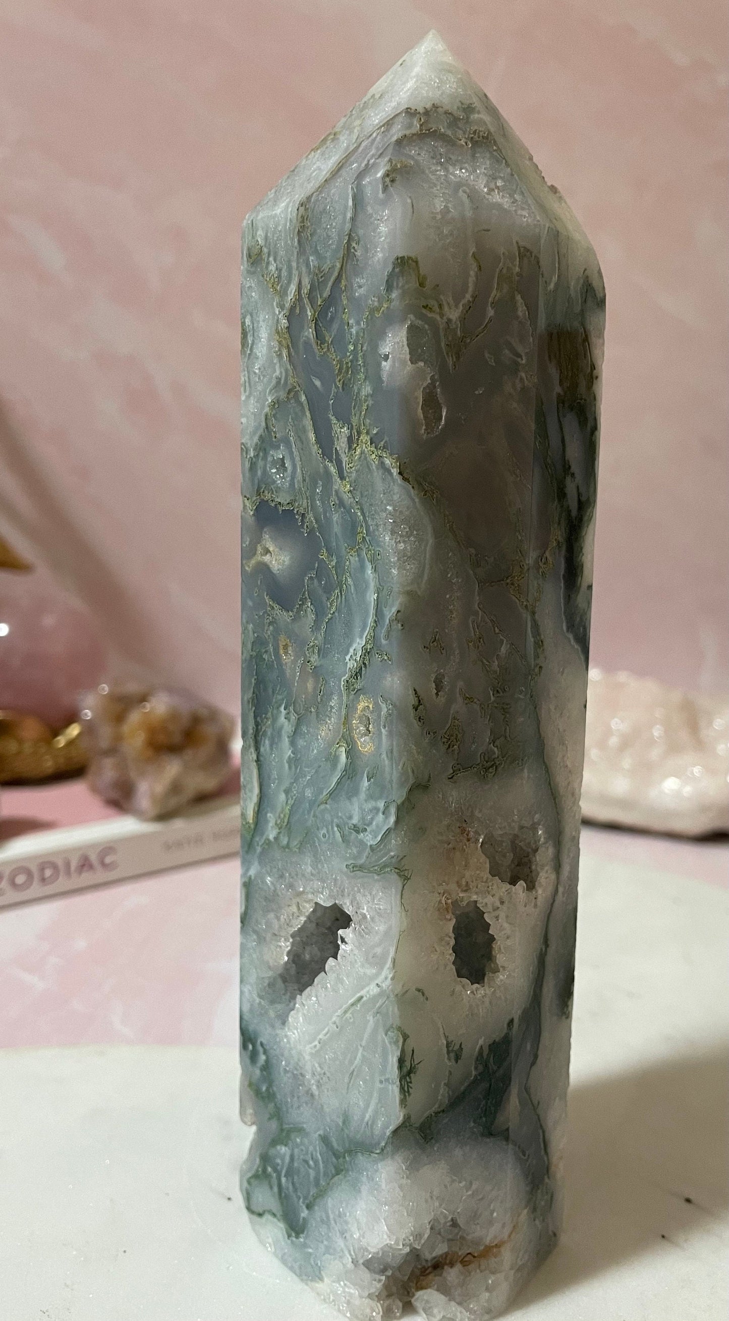 Stunning Moss Agate tower with gorgeous mossy inclusions and druzy.