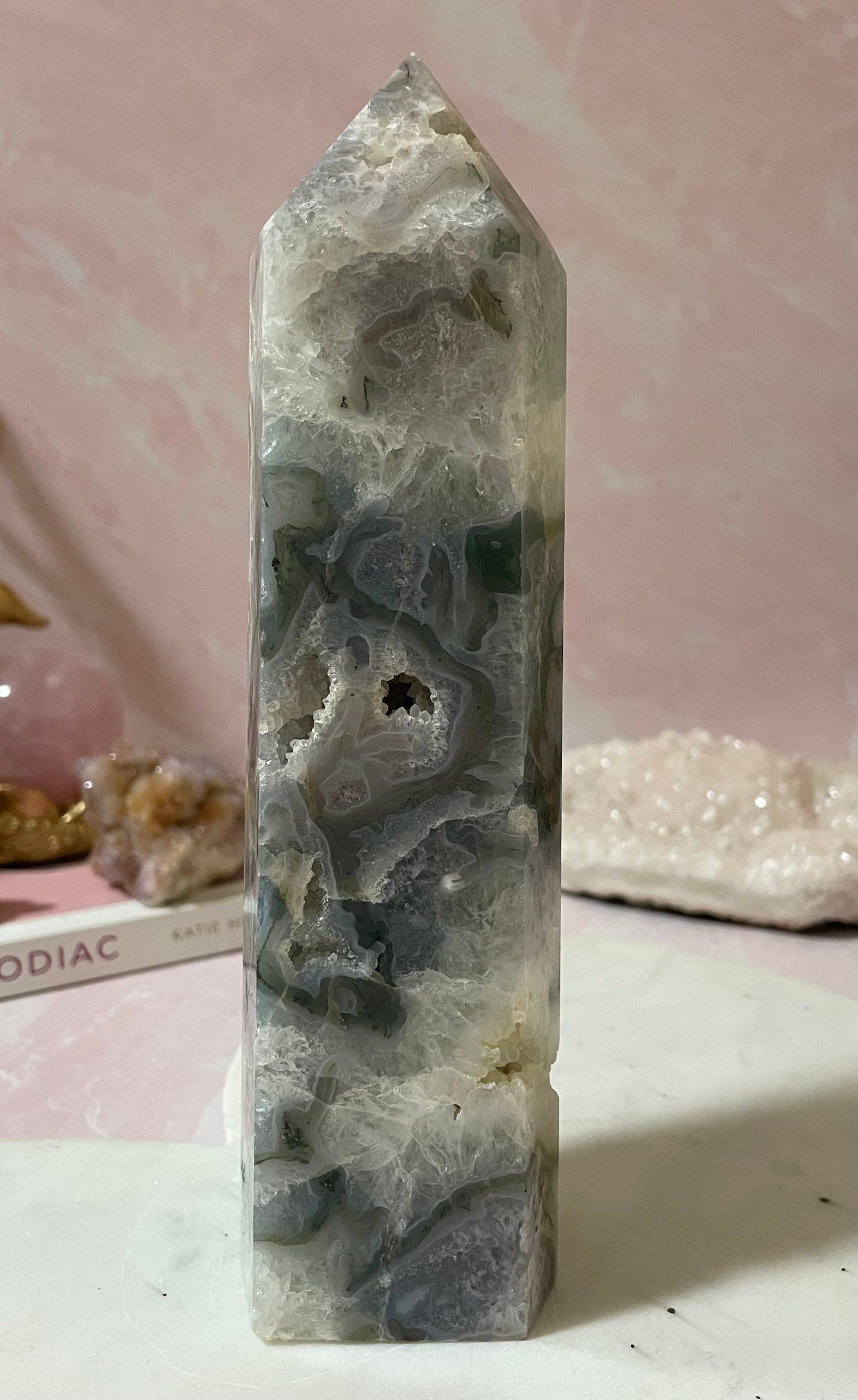 Stunning Moss Agate tower with gorgeous mossy inclusions.