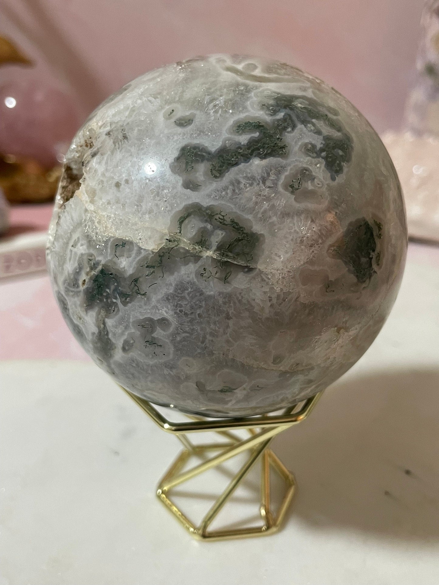 Stunning Moss Agate sphere with druzy