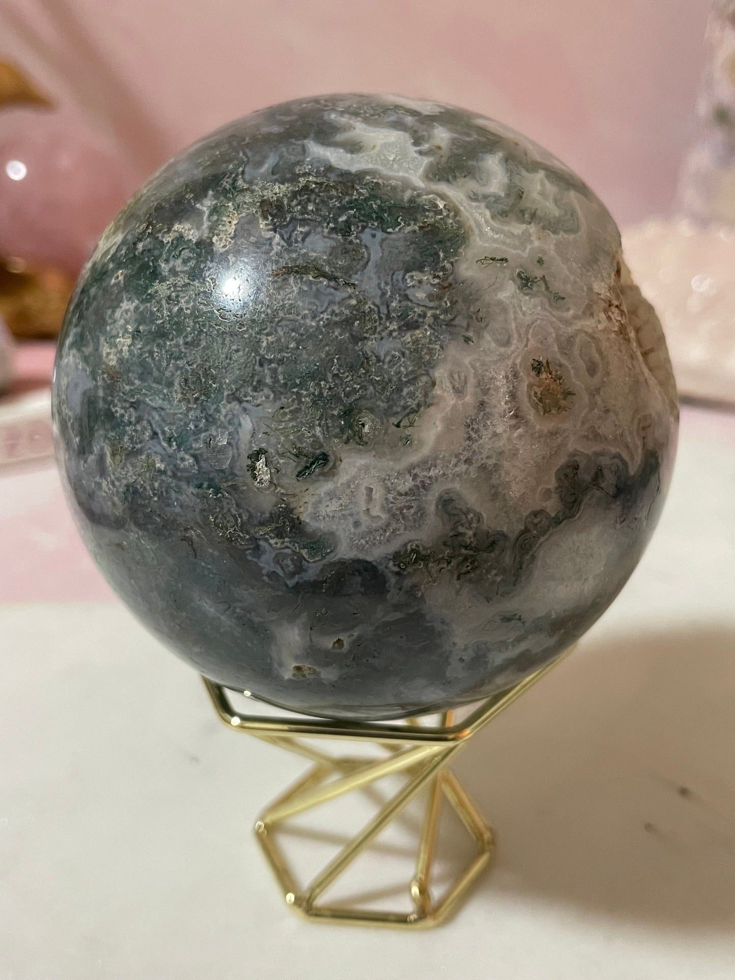 Stunning Moss Agate sphere with druzy