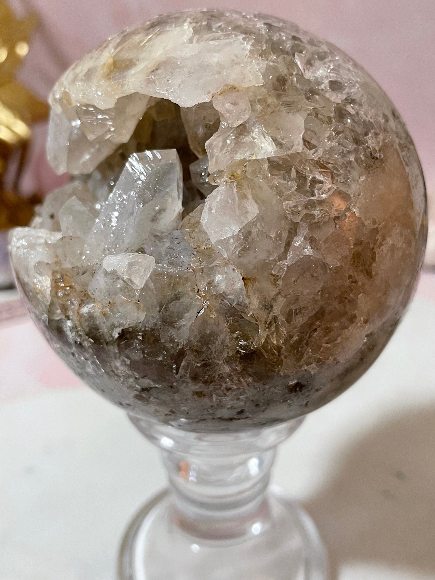 Gorgeous half quartzy/half jasper pink amethyst sphere from Brazil