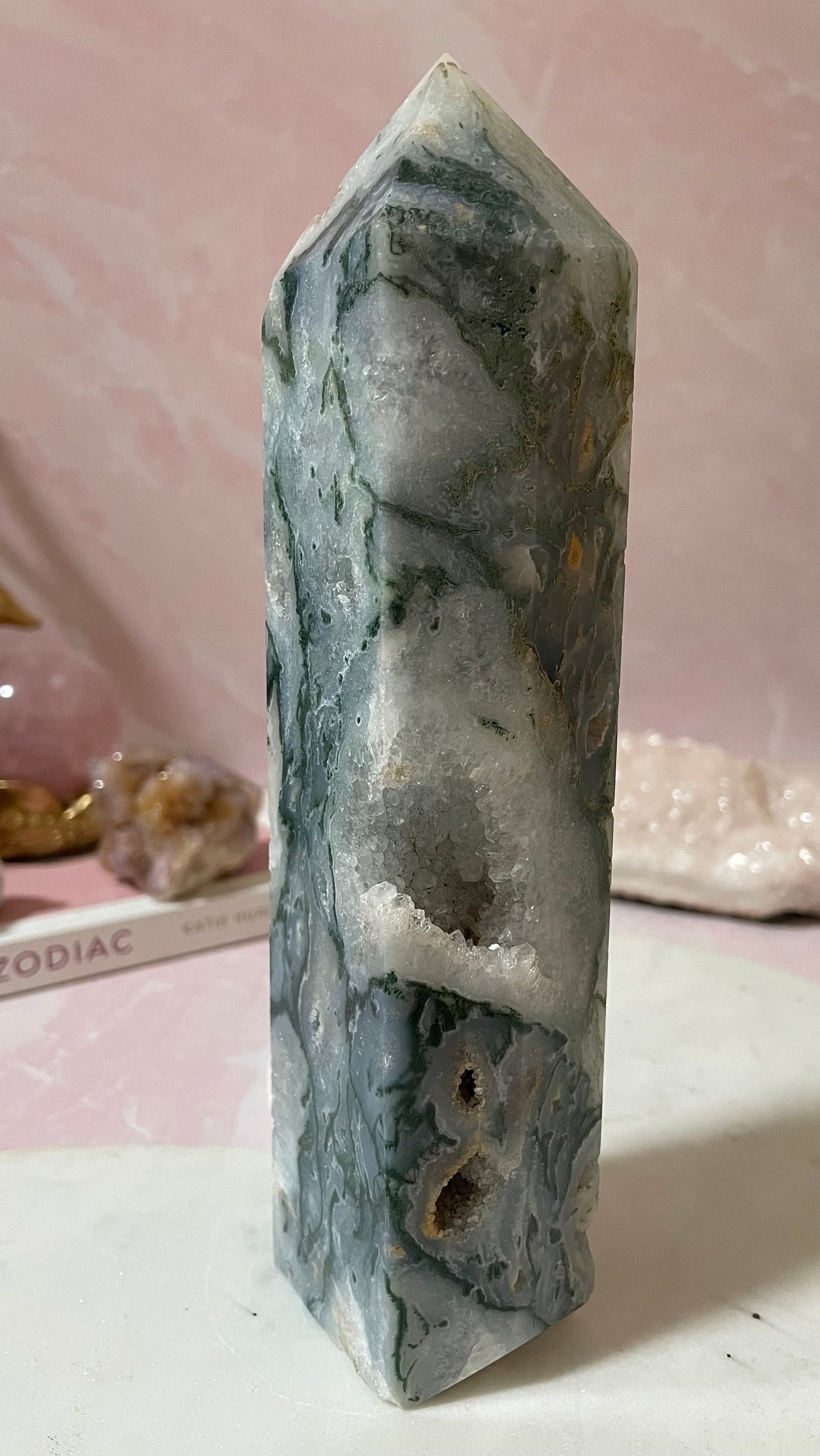 Stunning Moss Agate tower with gorgeous mossy inclusions and druzy.