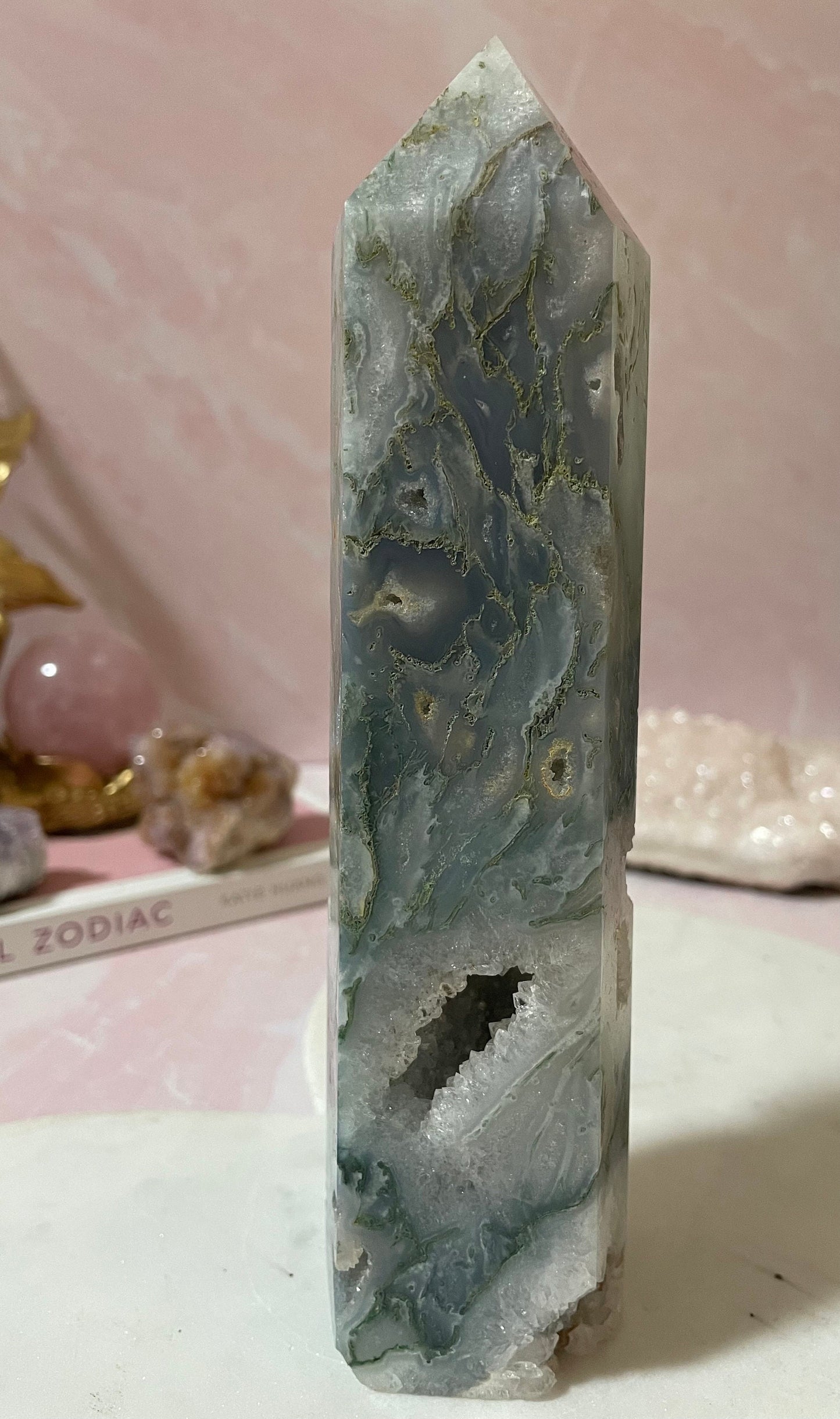 Stunning Moss Agate tower with gorgeous mossy inclusions and druzy.