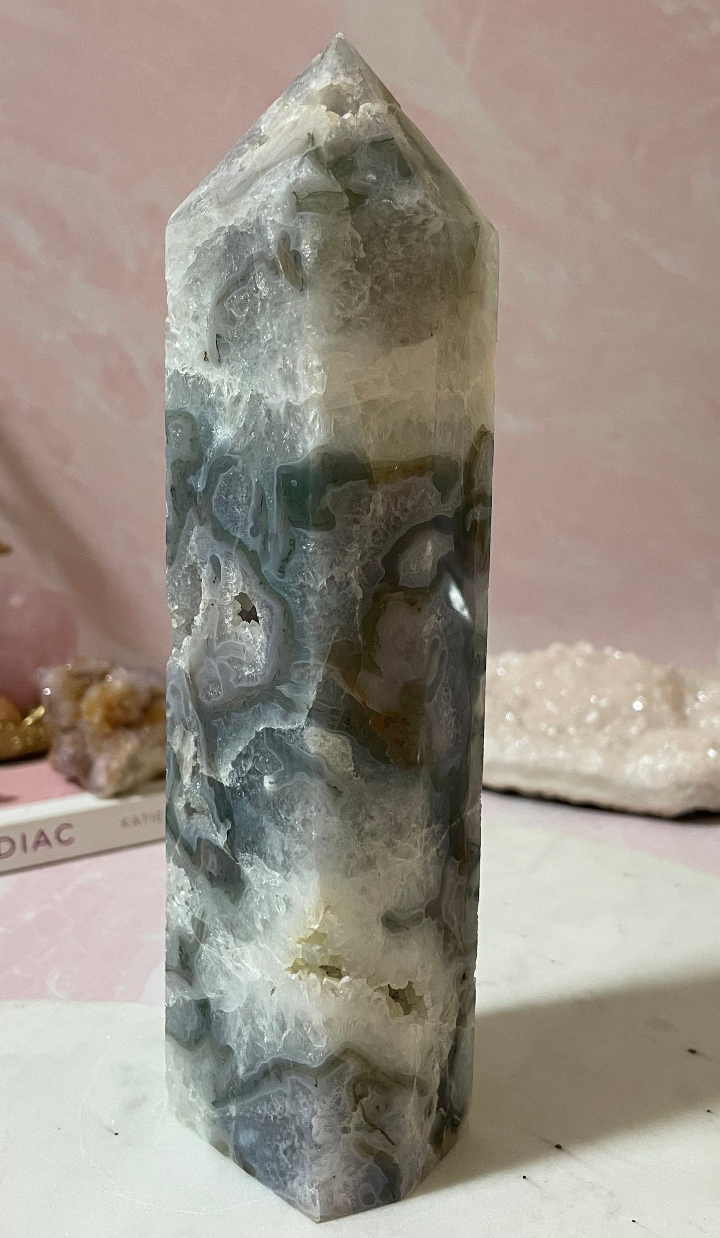 Stunning Moss Agate tower with gorgeous mossy inclusions.