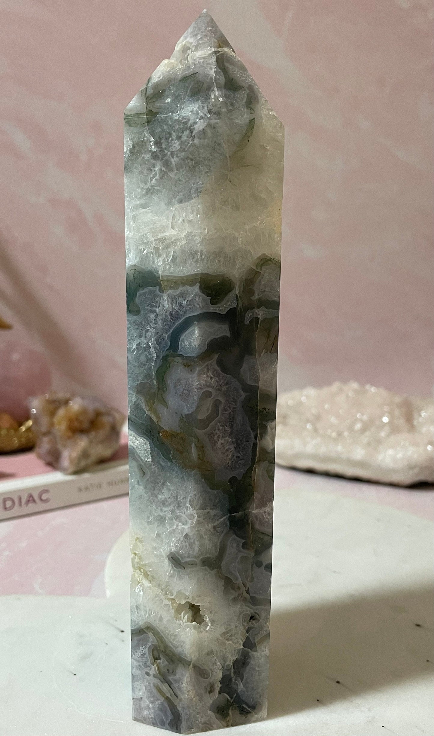 Stunning Moss Agate tower with gorgeous mossy inclusions.