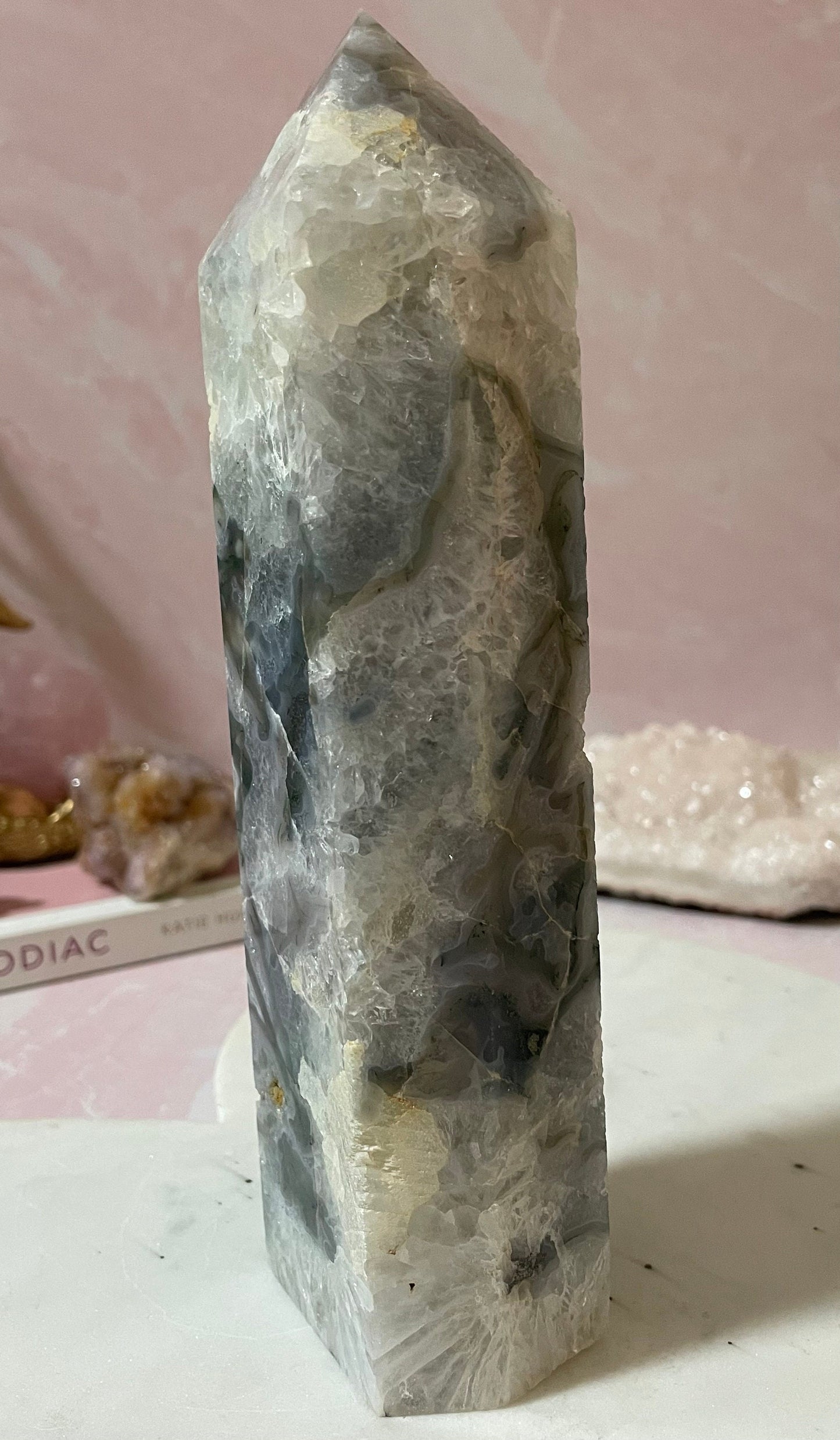 Stunning Moss Agate tower with gorgeous mossy inclusions.