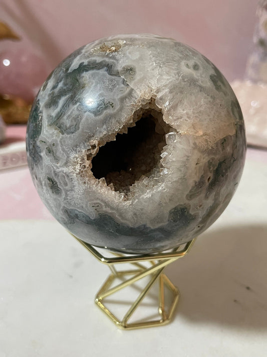 Stunning Moss Agate sphere with druzy