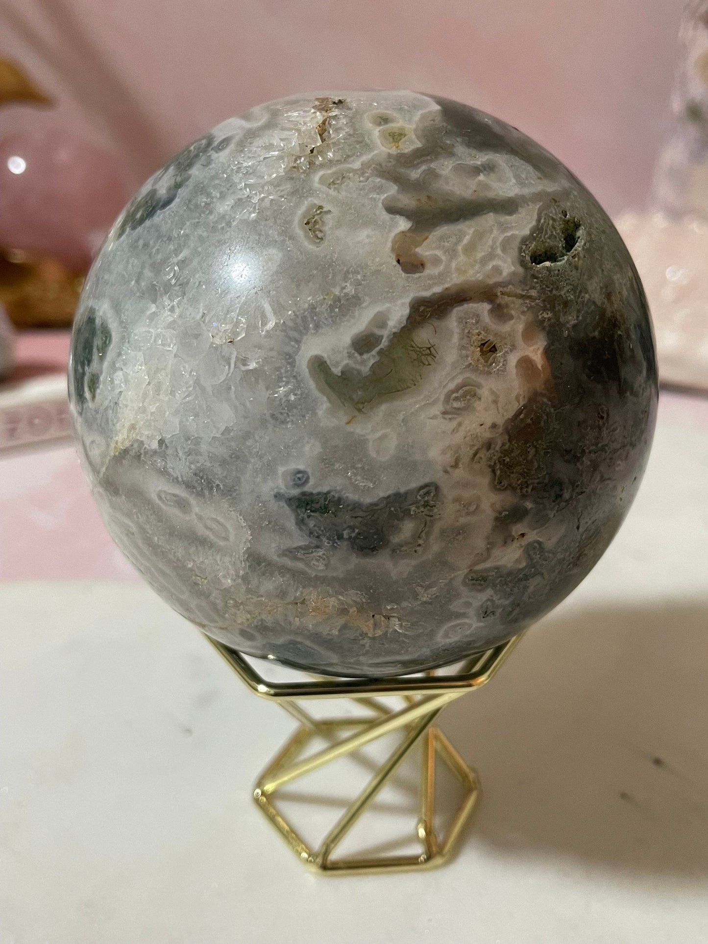 Stunning Moss Agate sphere with druzy