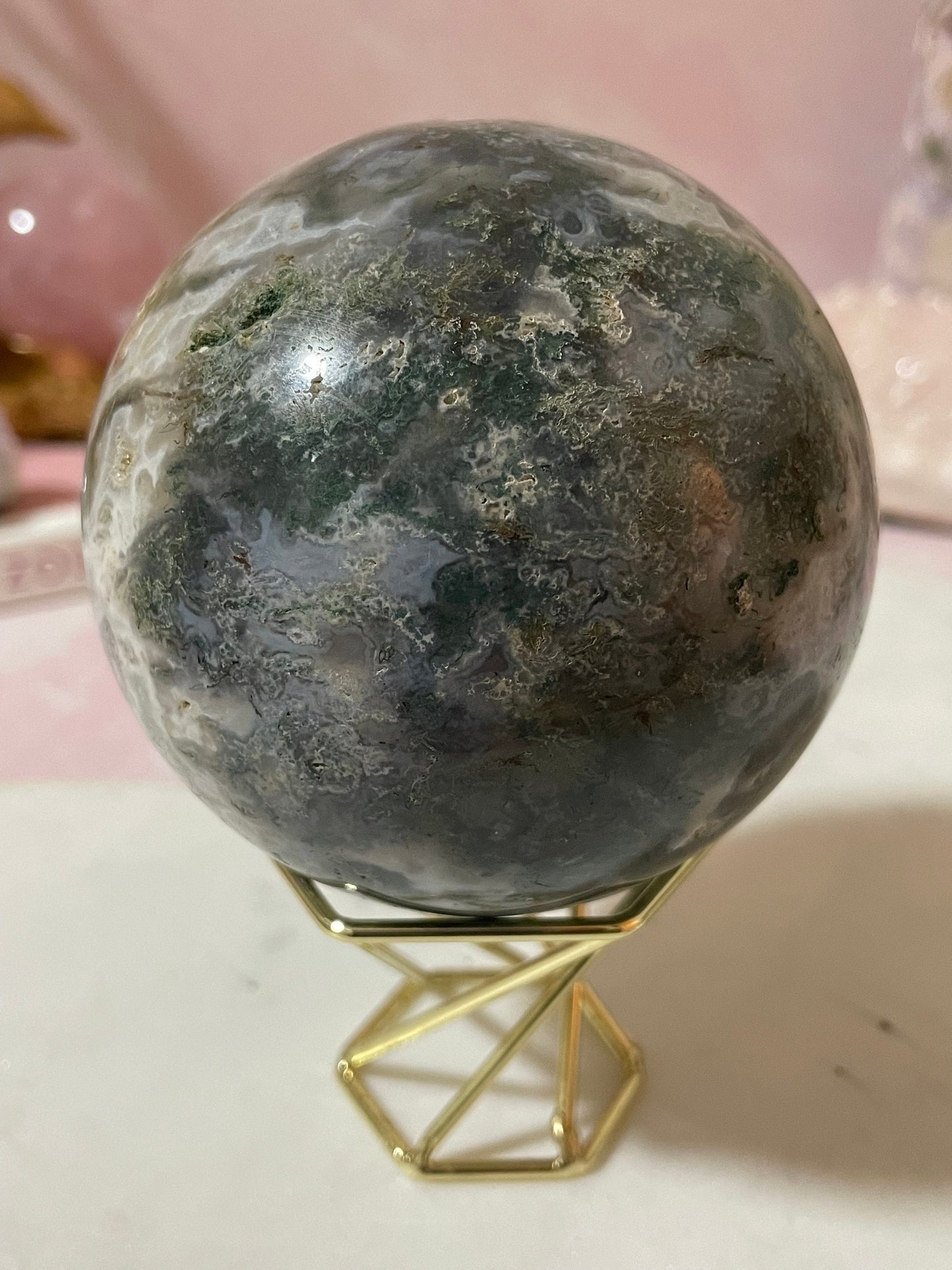 Stunning Moss Agate sphere with druzy