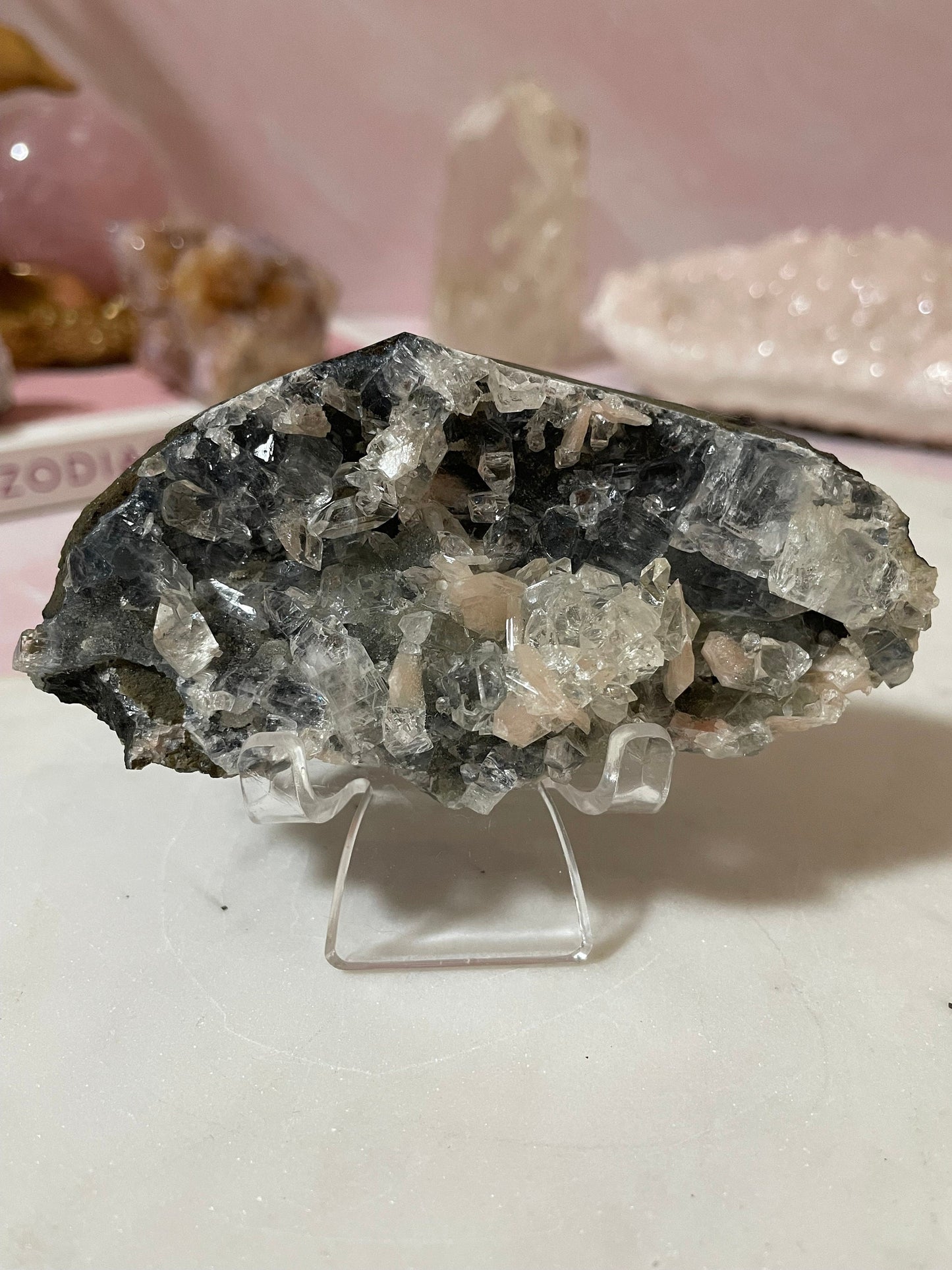 Stunning Apophyllite on shimmering black chalcedony