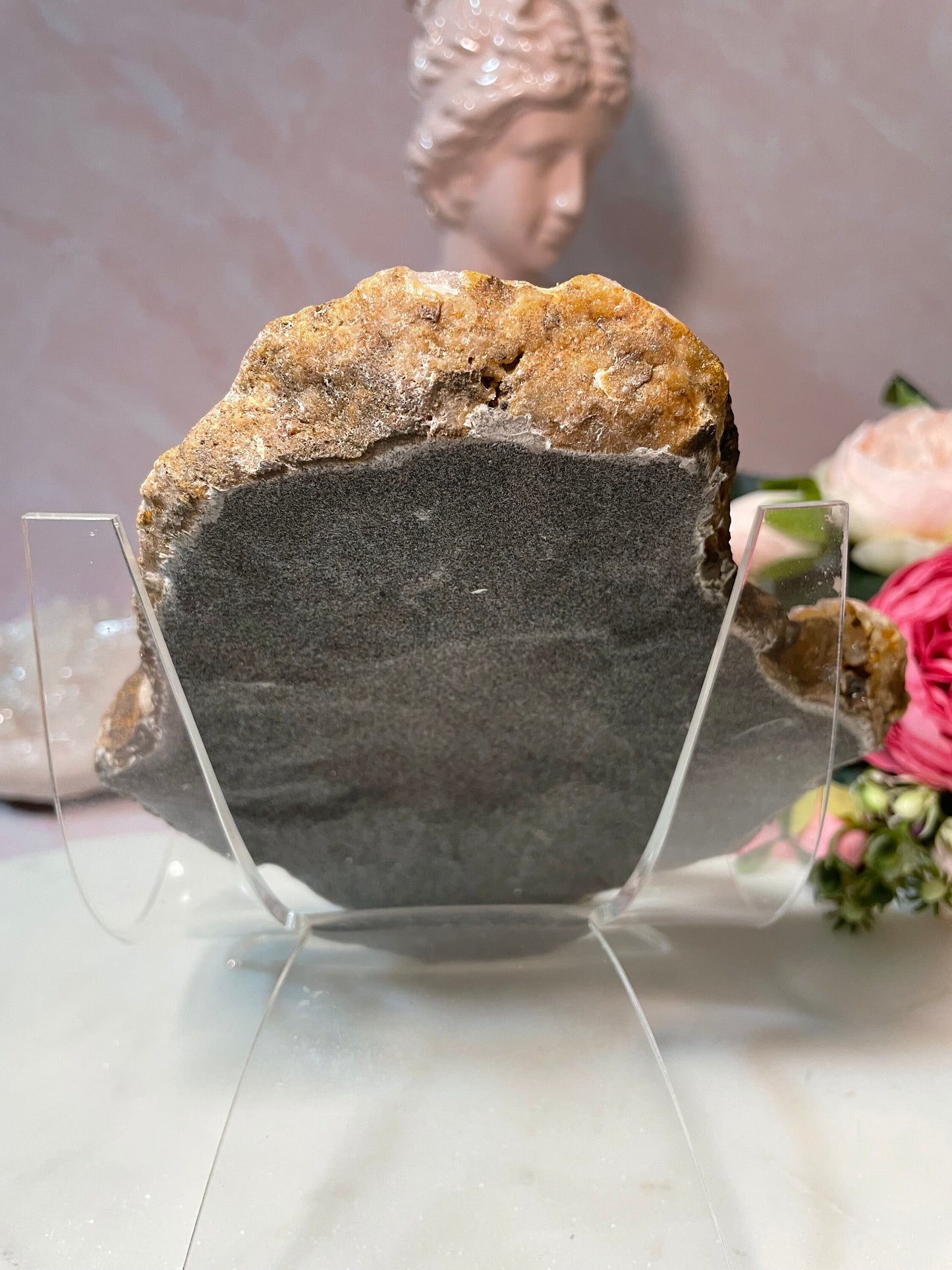 Gorgeous pink amethyst tea light candle holder with druzy from Brazil