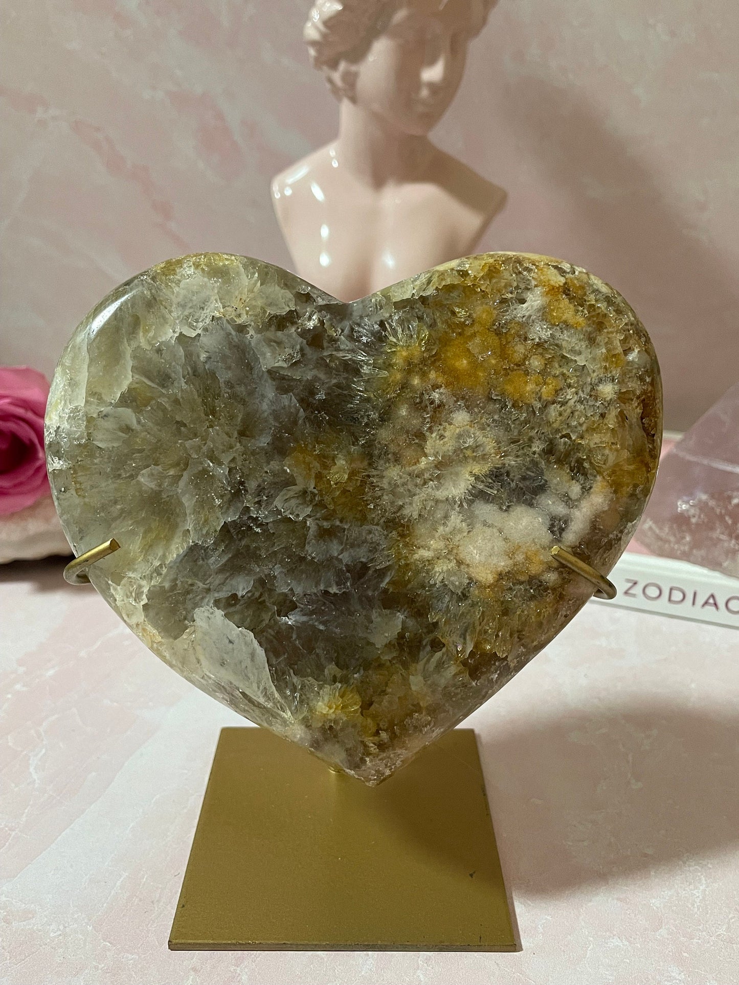 Amazing pink amethyst heart with quartz and gold/yellow inclusions from Brazil