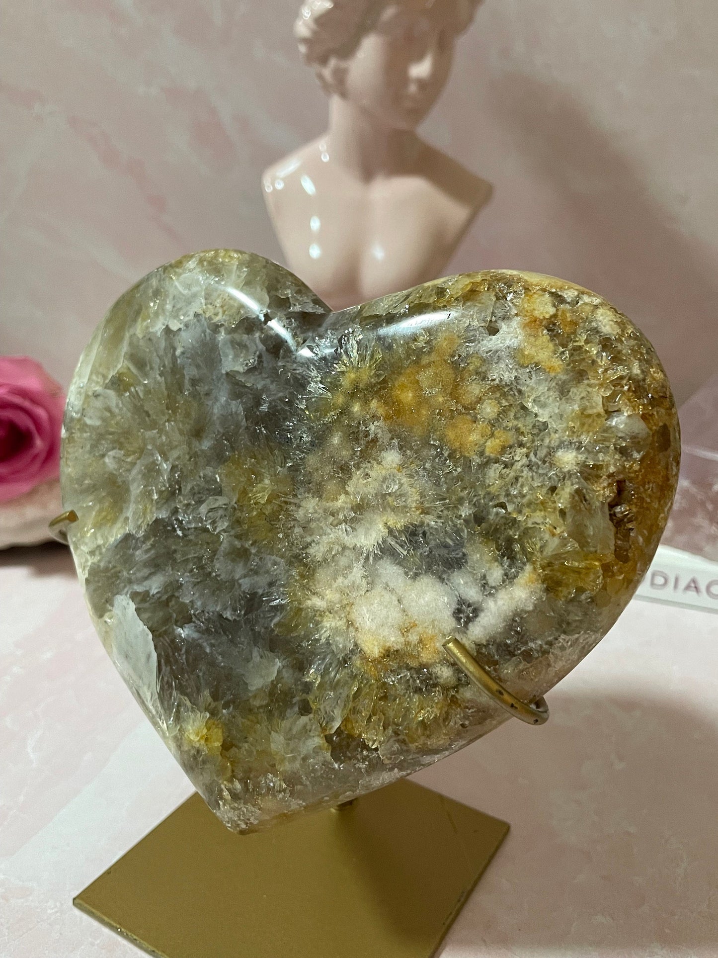 Amazing pink amethyst heart with quartz and gold/yellow inclusions from Brazil