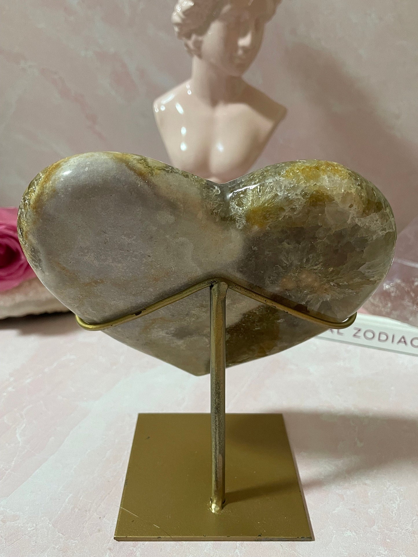 Amazing pink amethyst heart with quartz and gold/yellow inclusions from Brazil