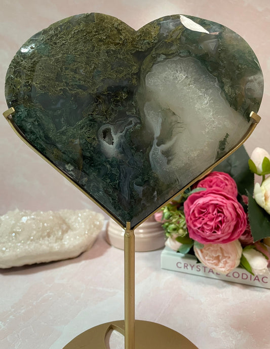 Moss agate heart on stand