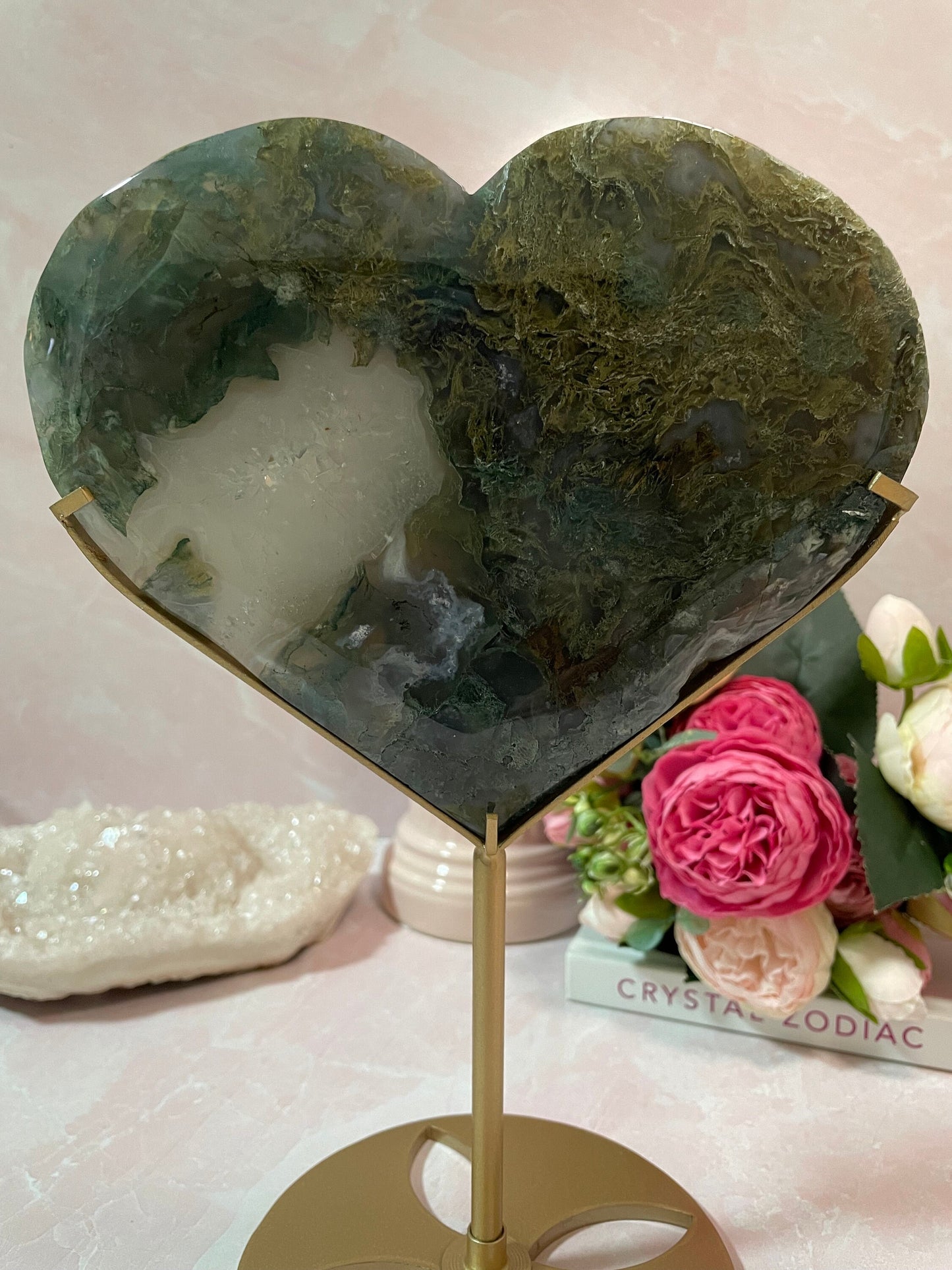 Moss agate heart on stand