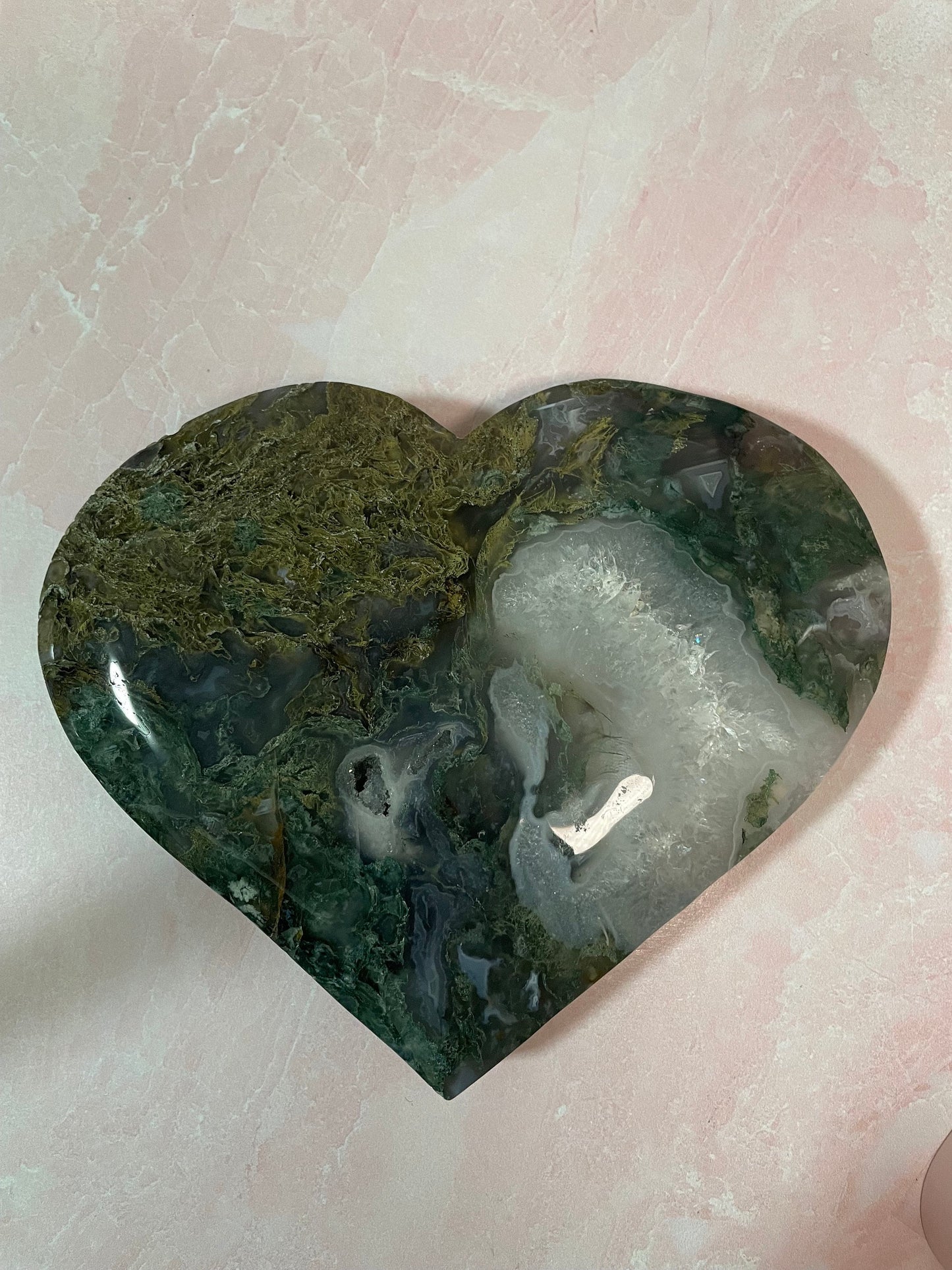 Moss agate heart on stand